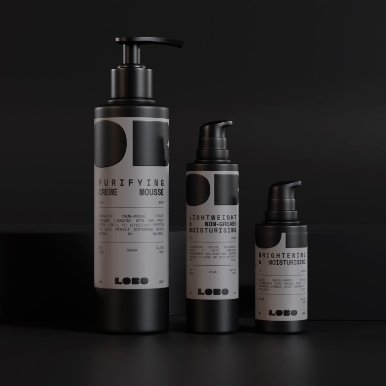 LOBO 男性有機護膚化妝品品牌logo設計包裝設計，黑灰粗體字風格
