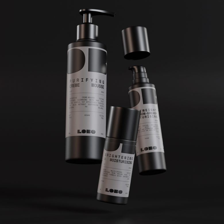 LOBO 男性有機護膚化妝品品牌logo設計包裝設計，黑灰粗體字風格