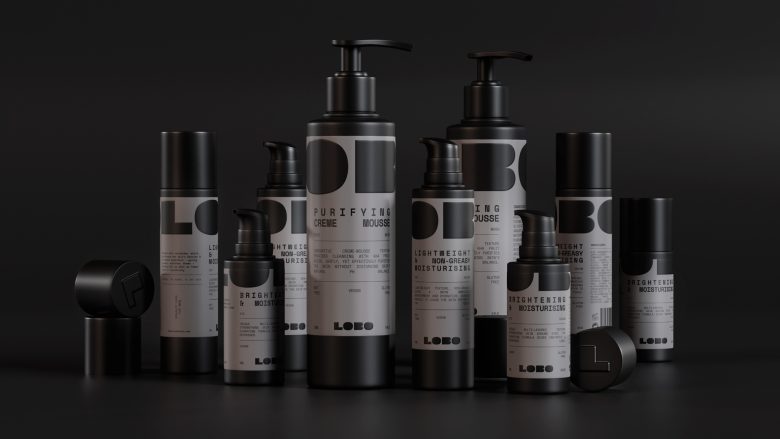 LOBO 男性有機護膚化妝品品牌logo設計包裝設計，黑灰粗體字風格