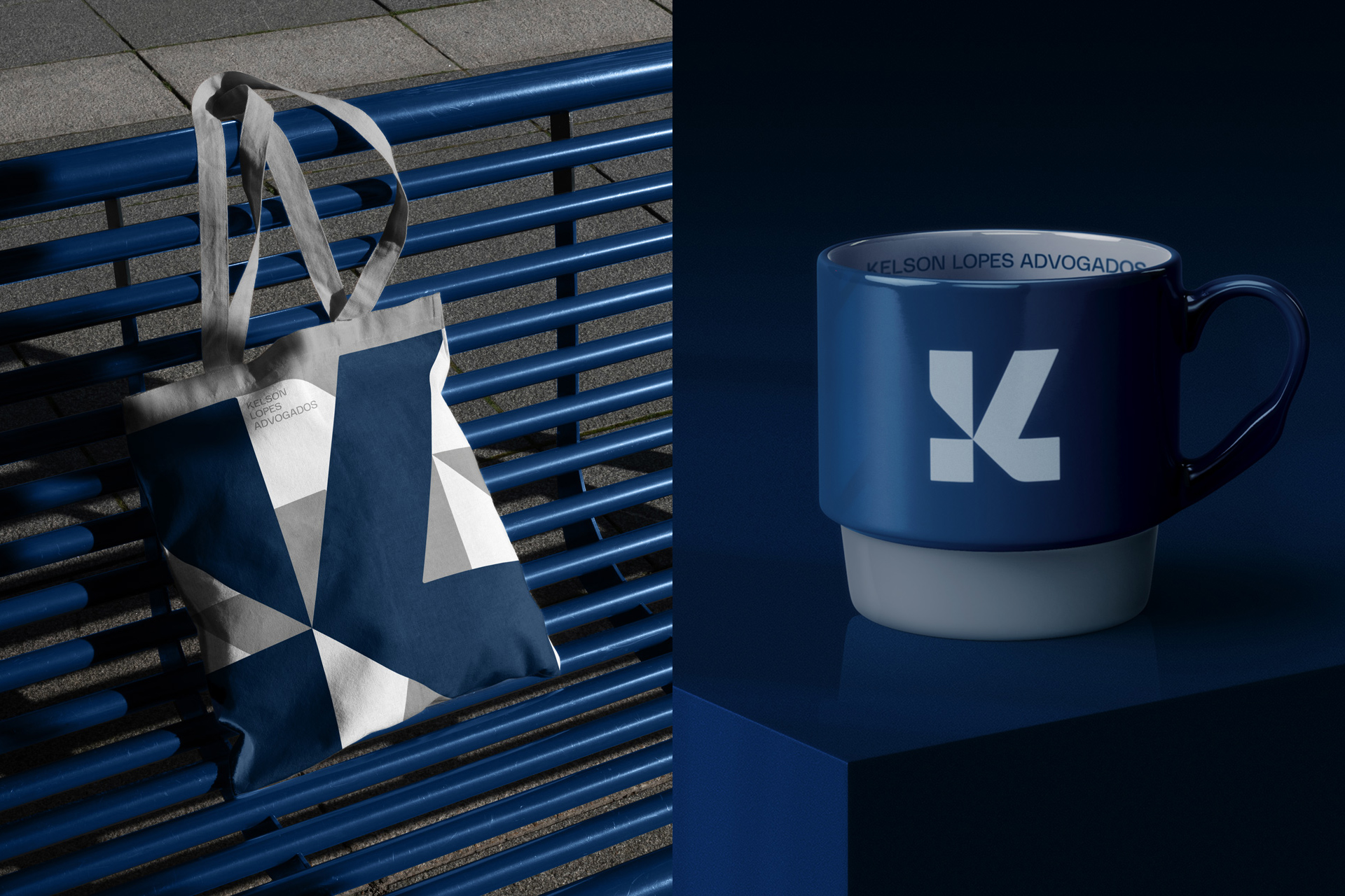 Kelson Lopes律師事務所品牌logo設計vi設計，正方形字母kL結合logo與海軍藍灰配色-杯子袋子