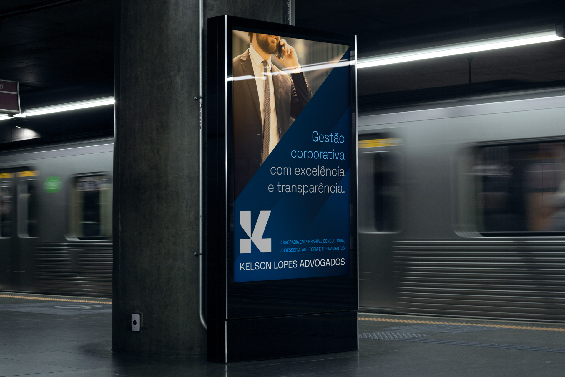 Kelson Lopes律師事務所品牌logo設計vi設計，正方形字母kL結合logo與海軍藍灰配色-海報