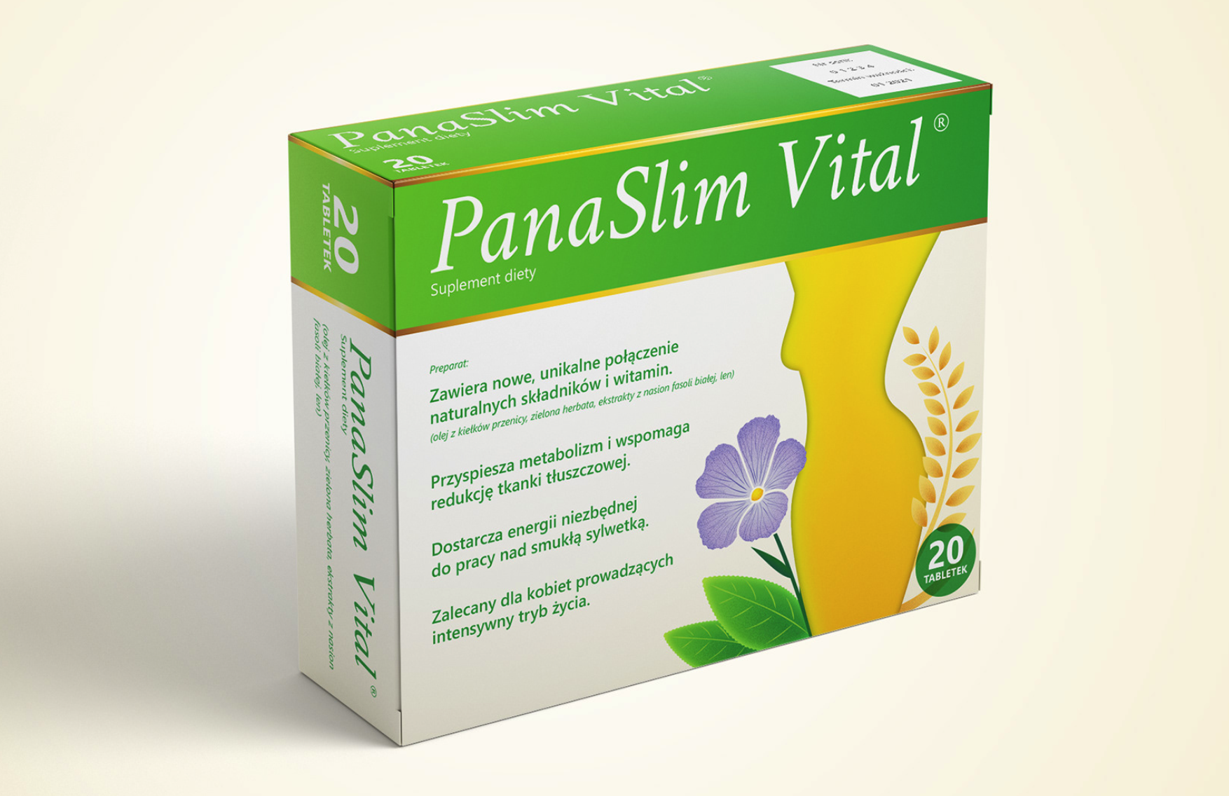 PanaSlim Vital 膳食補充劑減脂藥減肥藥品包裝設計，苗條身材剪影+草本植物花卉插圖