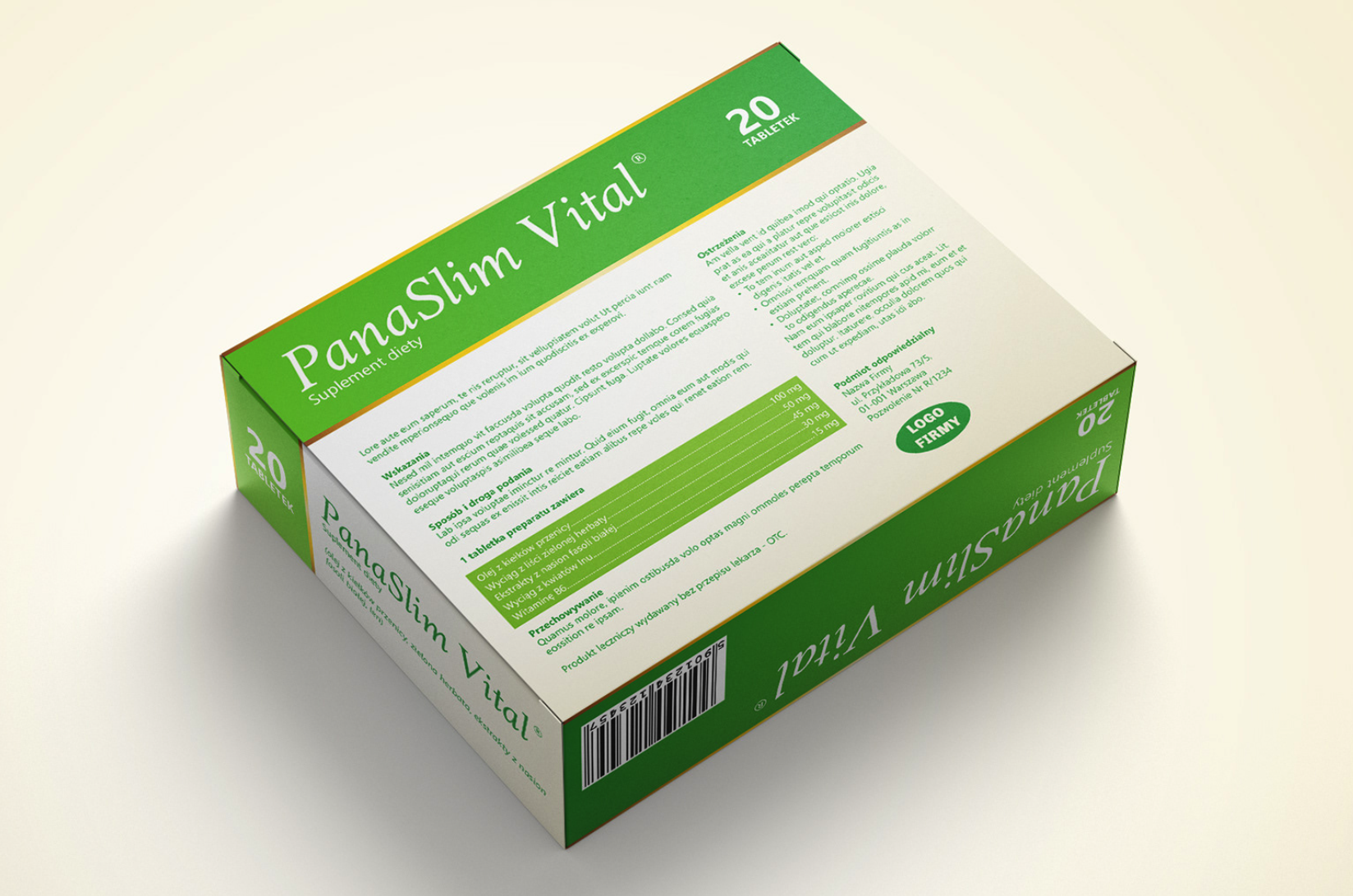 PanaSlim Vital 膳食補充劑減脂藥減肥藥品包裝設計，苗條身材+草本植物花卉插圖