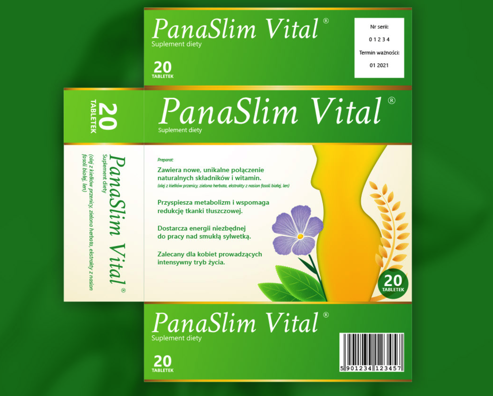 PanaSlim Vital 膳食補充劑減脂藥減肥藥品包裝設計，苗條身材剪影+草本植物花卉插圖
