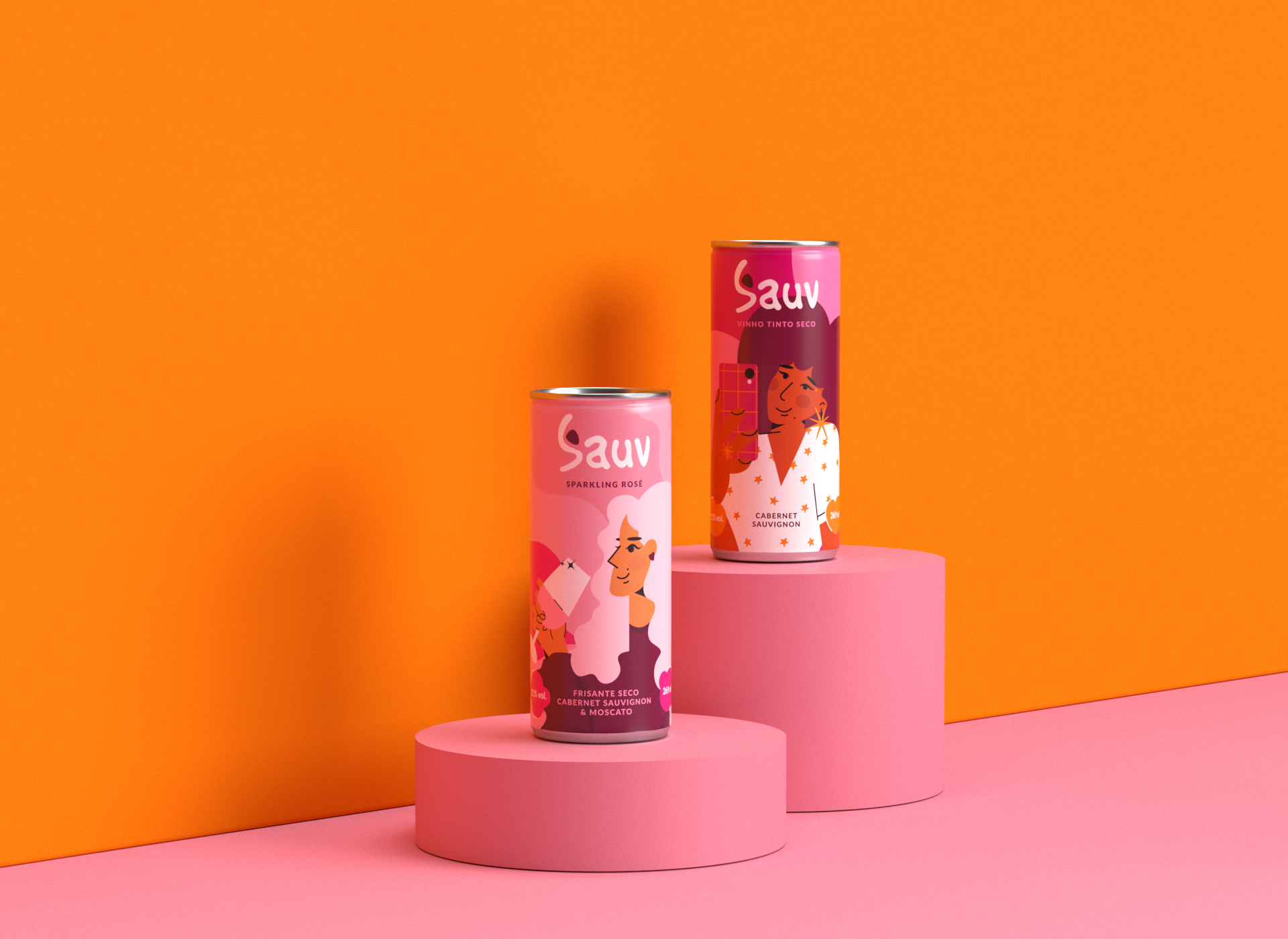 Sauv罐裝葡萄酒標(biāo)簽包裝設(shè)計(jì)和時(shí)尚人物插圖，開發(fā)年輕人更廣泛日常使用場景