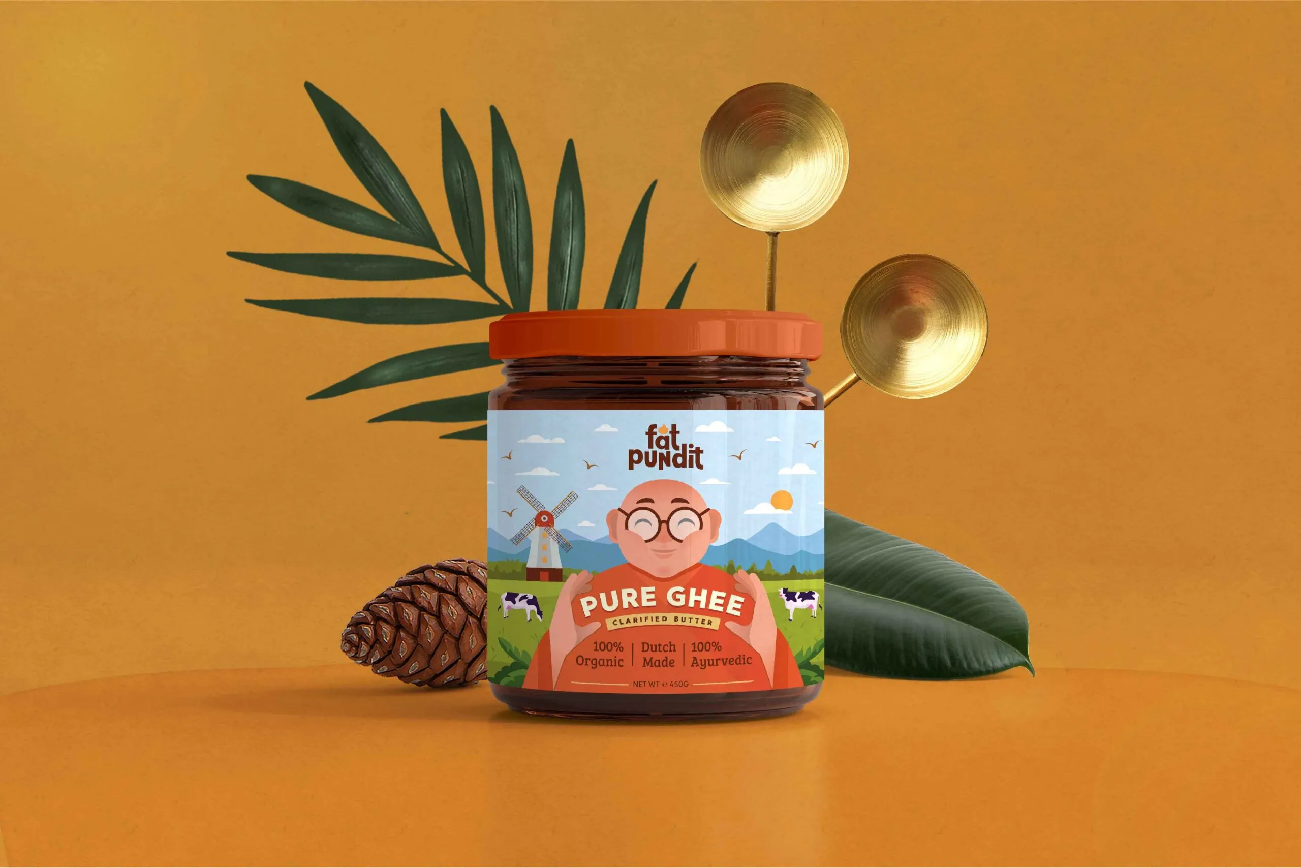 Fat Pundit瓶裝酥油黃油調味品包裝設計“胖專家人物插畫”