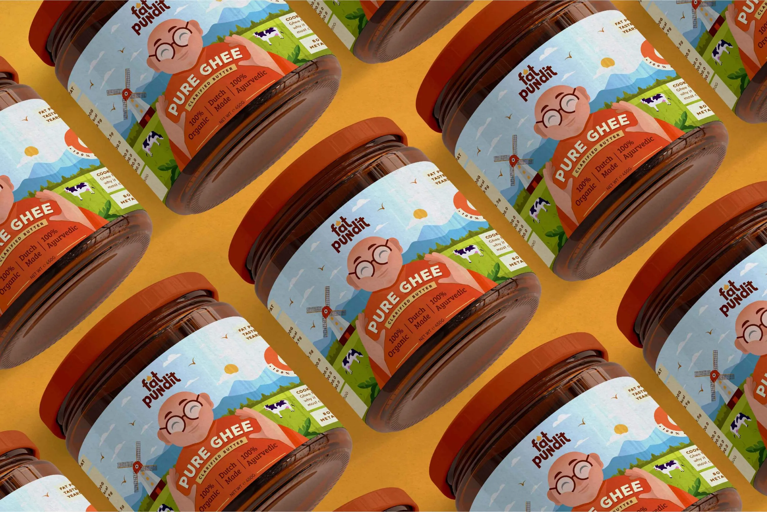 Fat Pundit瓶裝酥油黃油調味品包裝設計“胖專家人物插畫”