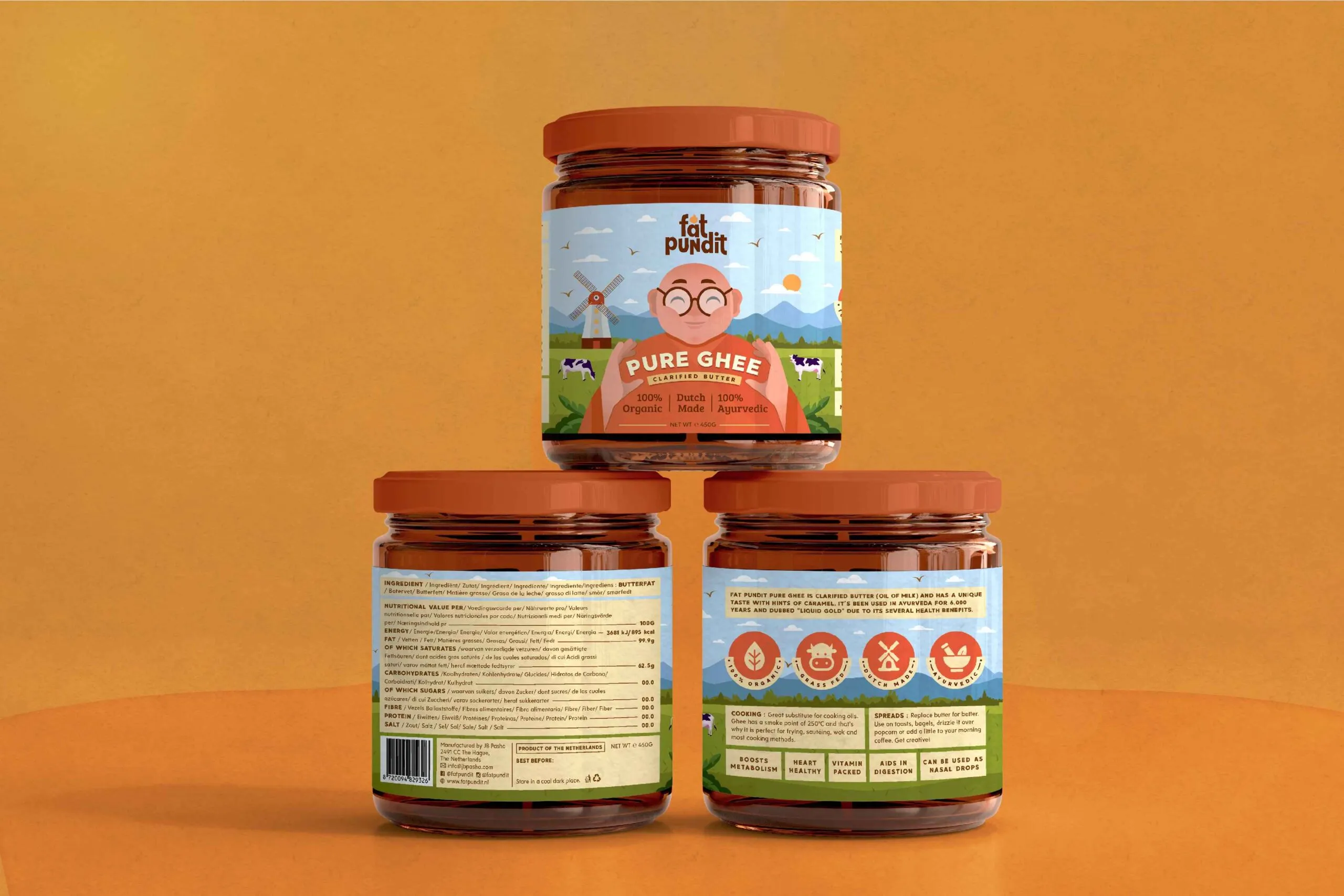 Fat Pundit瓶裝酥油黃油調味品包裝設計“胖專家人物插畫”