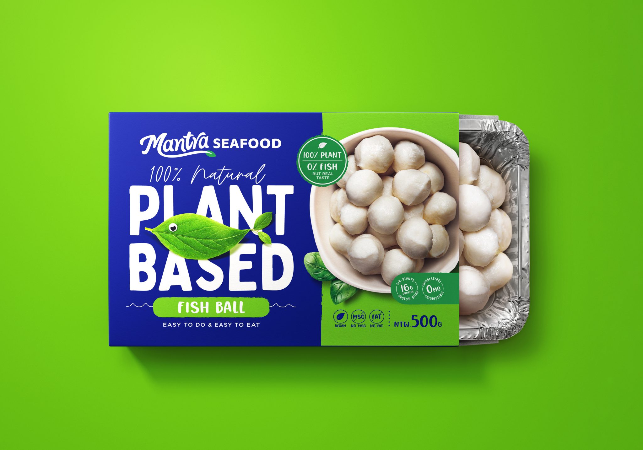 Mantra植物基素食海鮮食品包裝設計，藍色品牌識別+植物葉子海洋生物