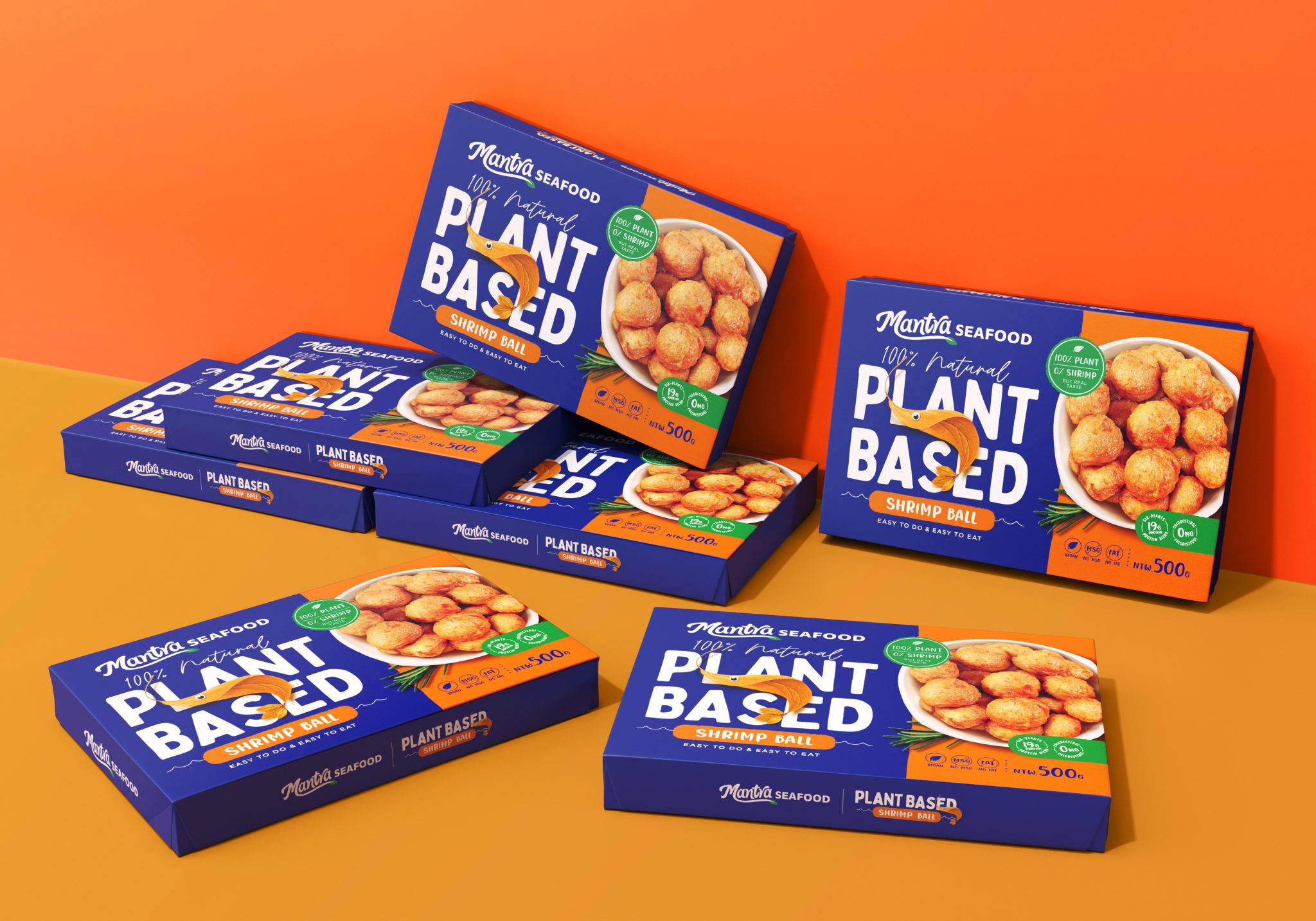 Mantra植物基素食海鮮食品包裝設計，藍色品牌識別+植物葉子海洋生物