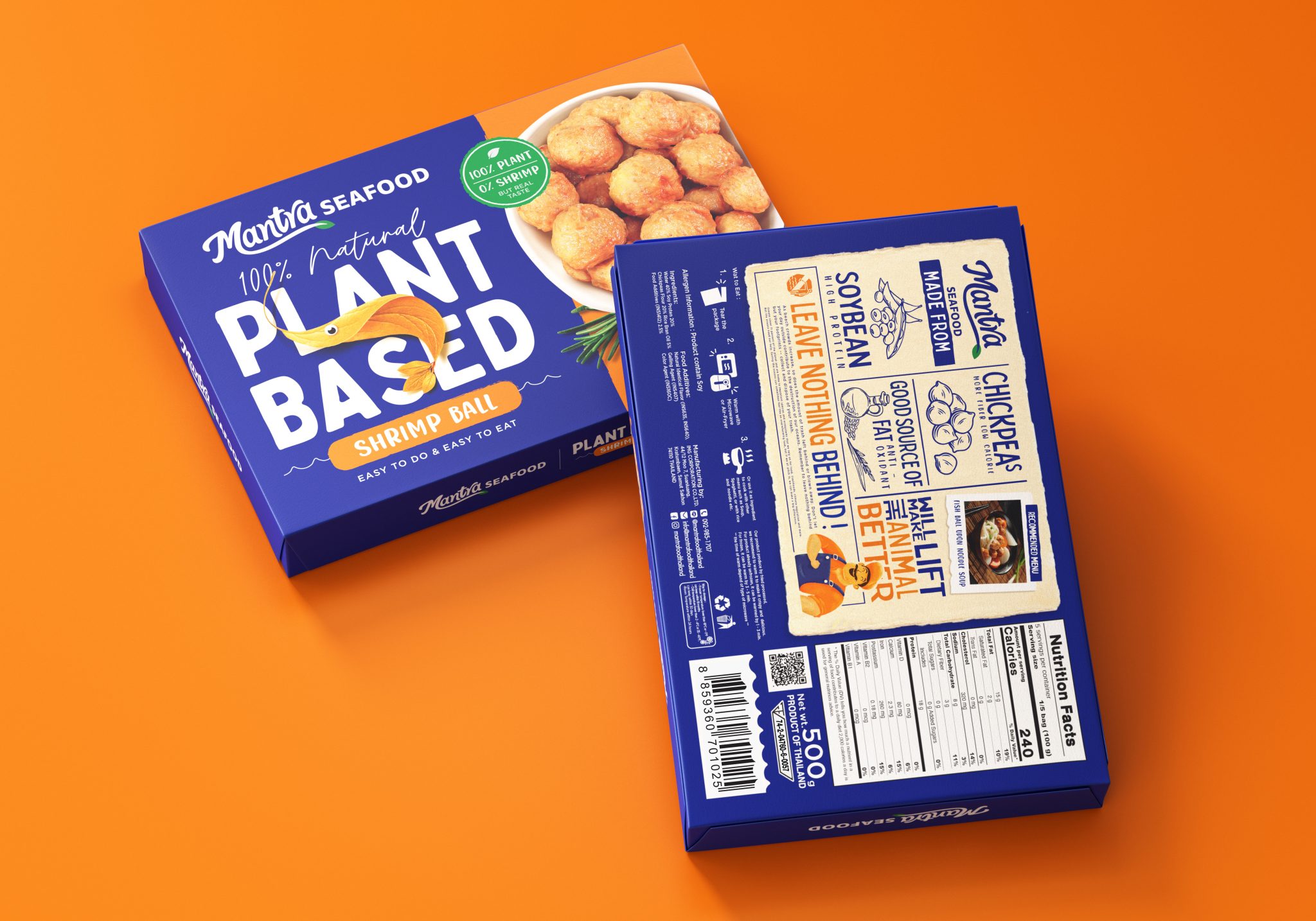 Mantra植物基素食海鮮食品包裝設計，藍色品牌識別+植物葉子海洋生物