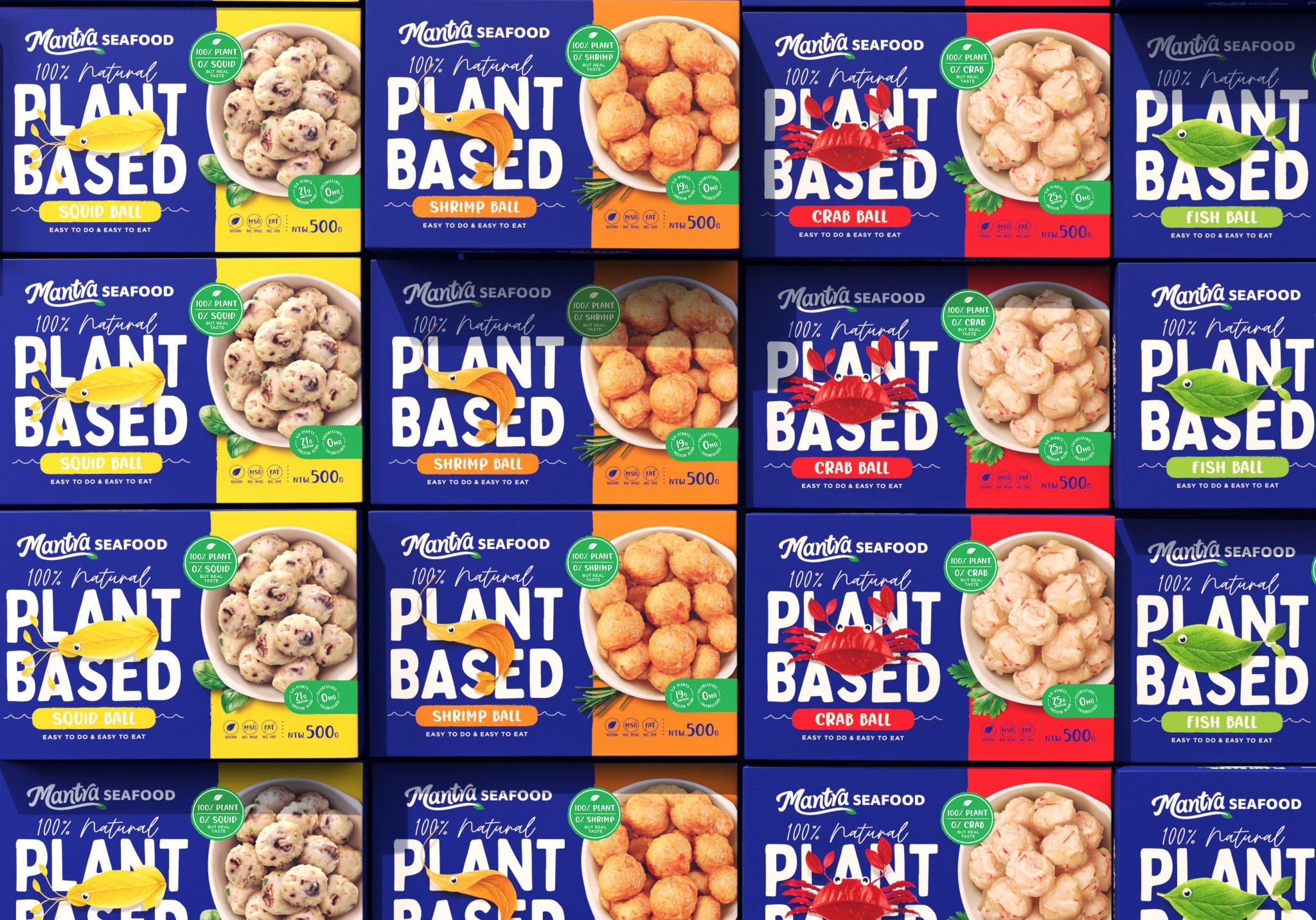 Mantra植物基素食海鮮食品包裝設計，藍色品牌識別+植物葉子海洋生物