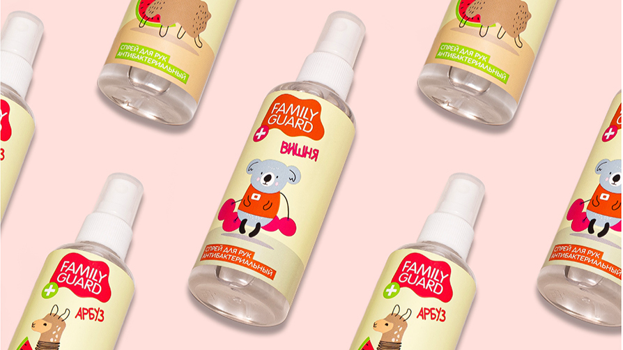 Family Guard兒童洗手液免洗手消毒凝膠消毒噴霧產品包裝設計，有趣的動物插畫