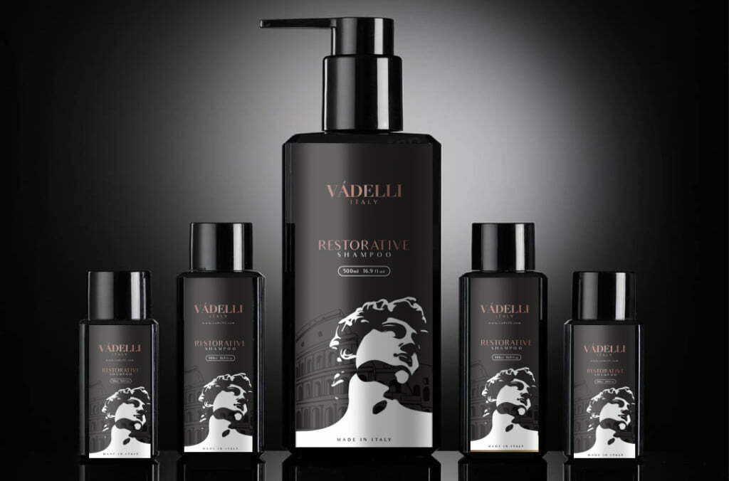 VADELLIE男士洗發水包裝設計，男士石膏雕塑黑白光影插畫-上海包裝設計公司