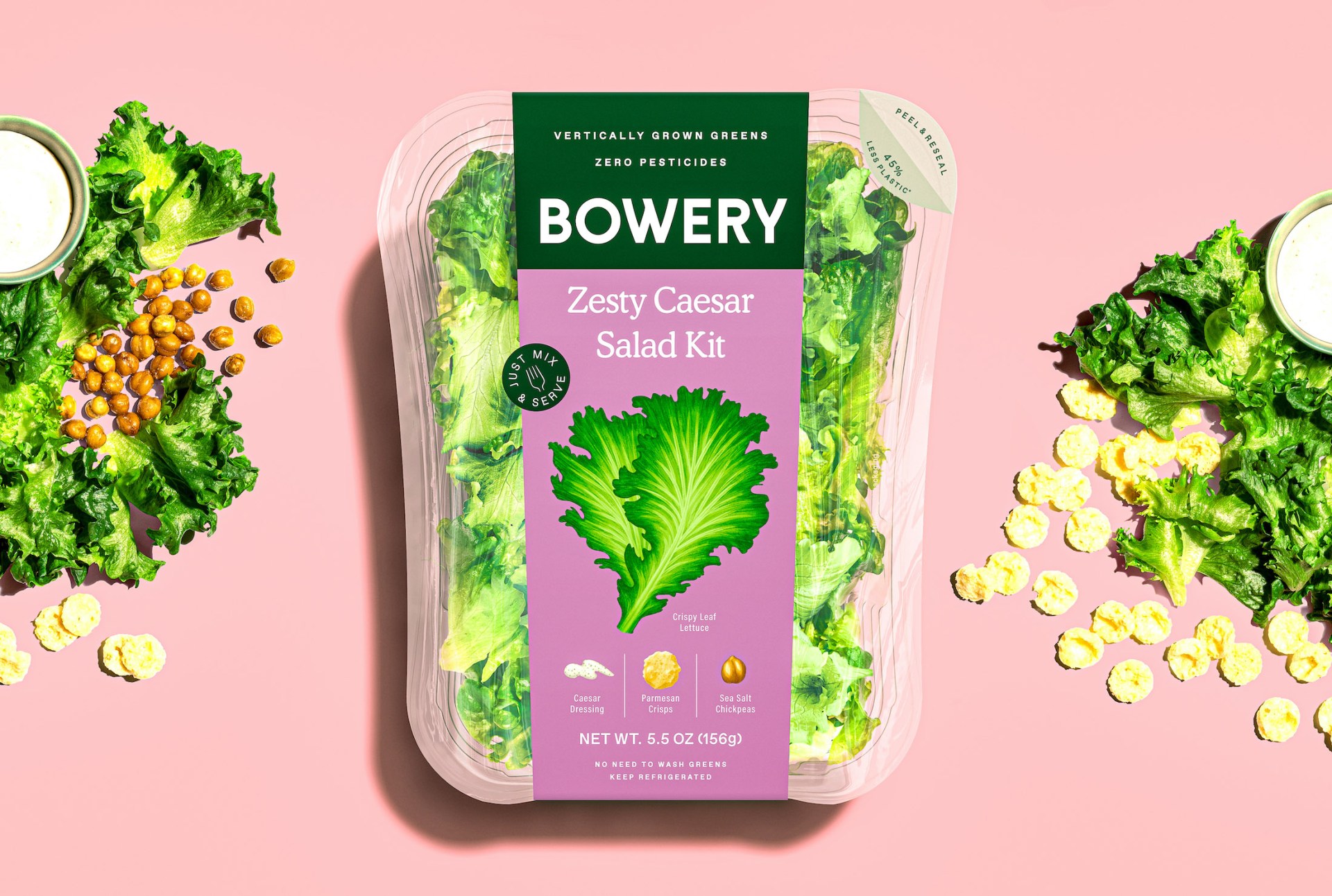 Bowery 垂直農業農場品牌蔬菜沙拉農產品包裝設計，彩繪蔬菜圖案