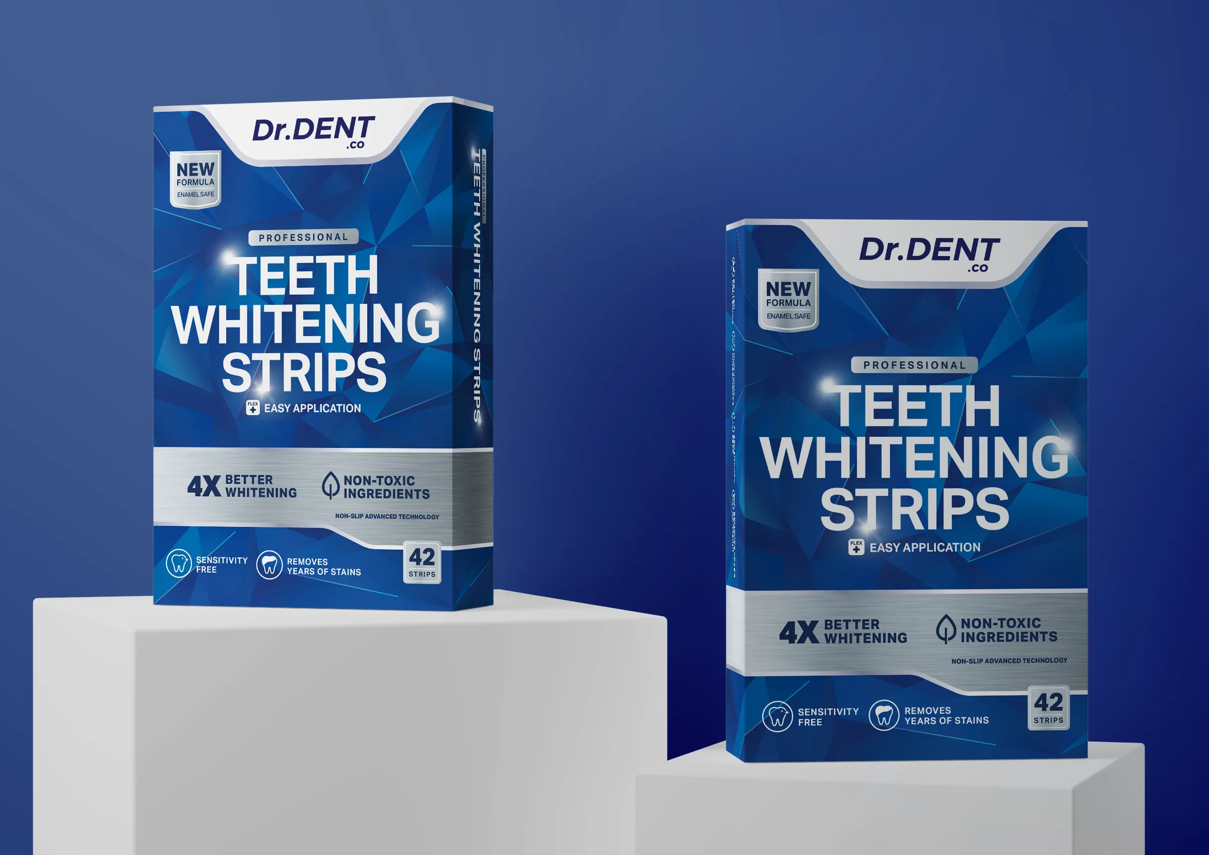 Dr.Dent牙齒美白條產品包裝設計，藍色與銀色效果