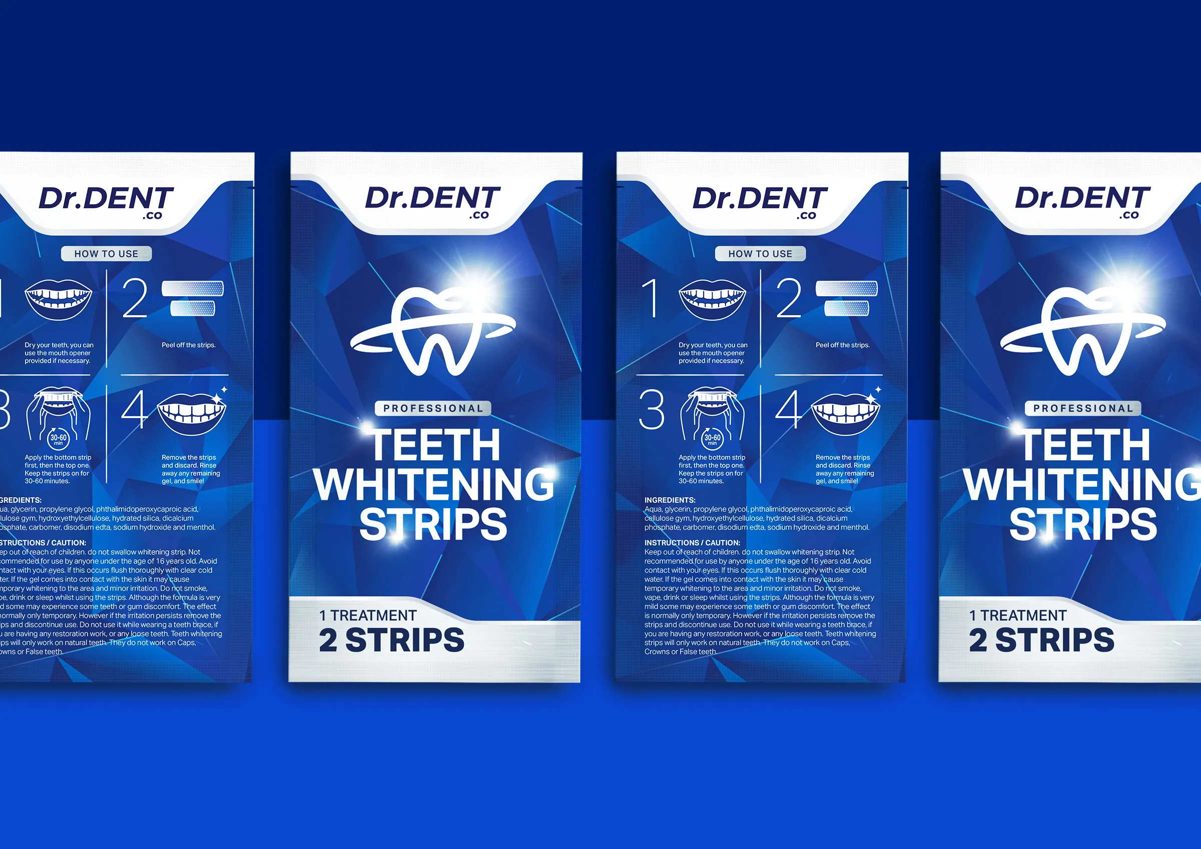 Dr.Dent牙齒美白條產品包裝設計，藍色與銀色效果
