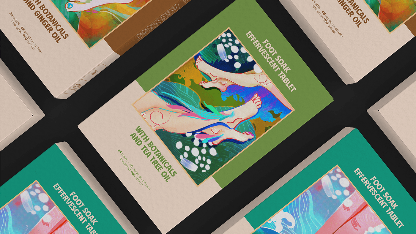 TABLETS 生姜精油泡騰片足浴包包裝設計，虛實結合的腳部與草本插畫