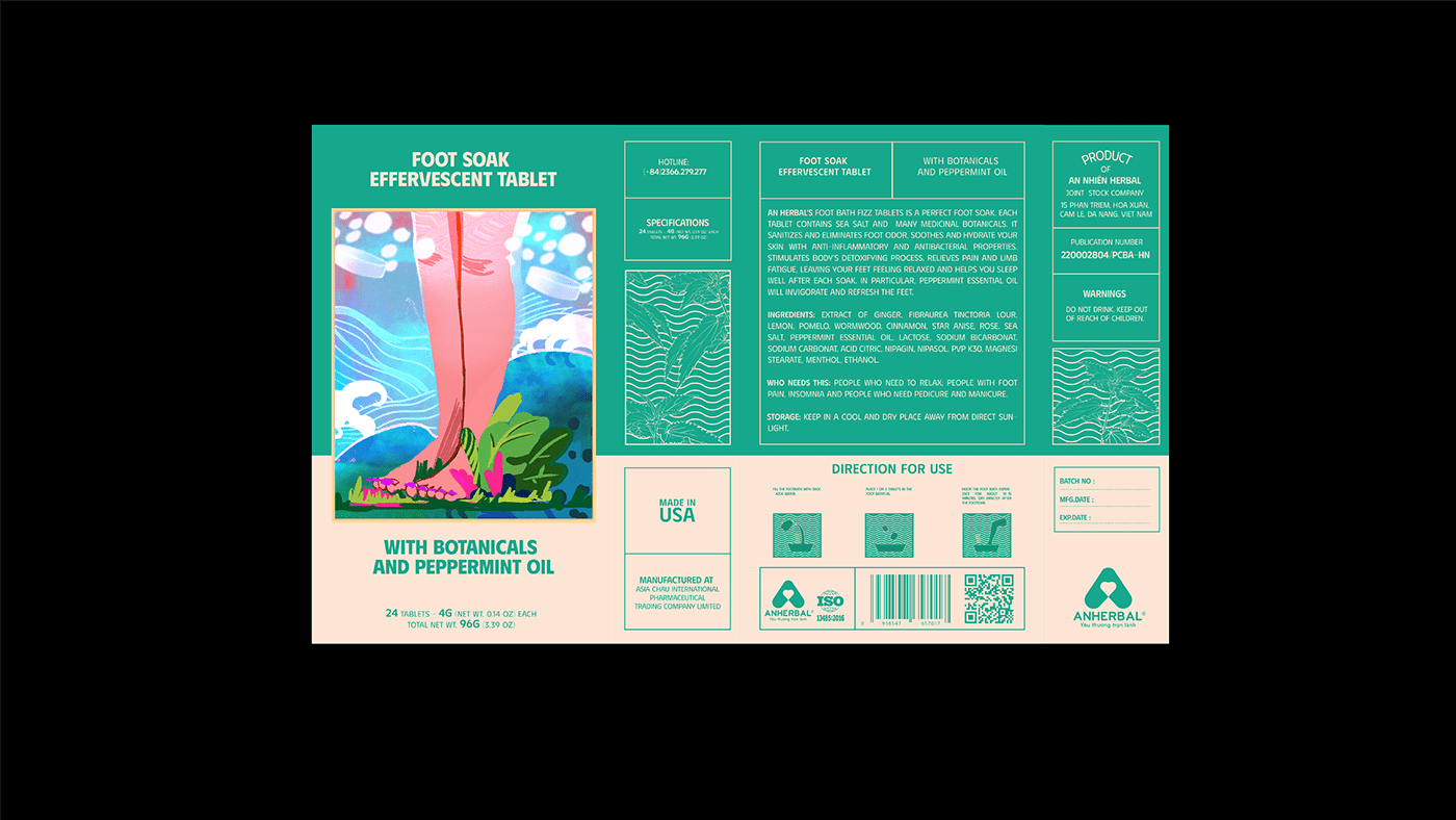 TABLETS 生姜精油泡騰片足浴包包裝設計，虛實結合的腳部與草本插畫