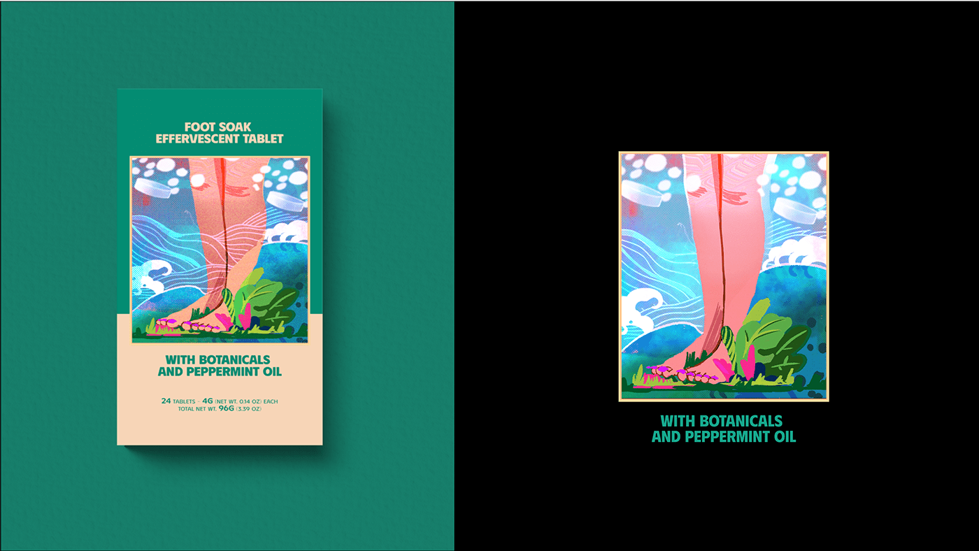 TABLETS 生姜精油泡騰片足浴包包裝設計，虛實結合的腳部與草本插畫