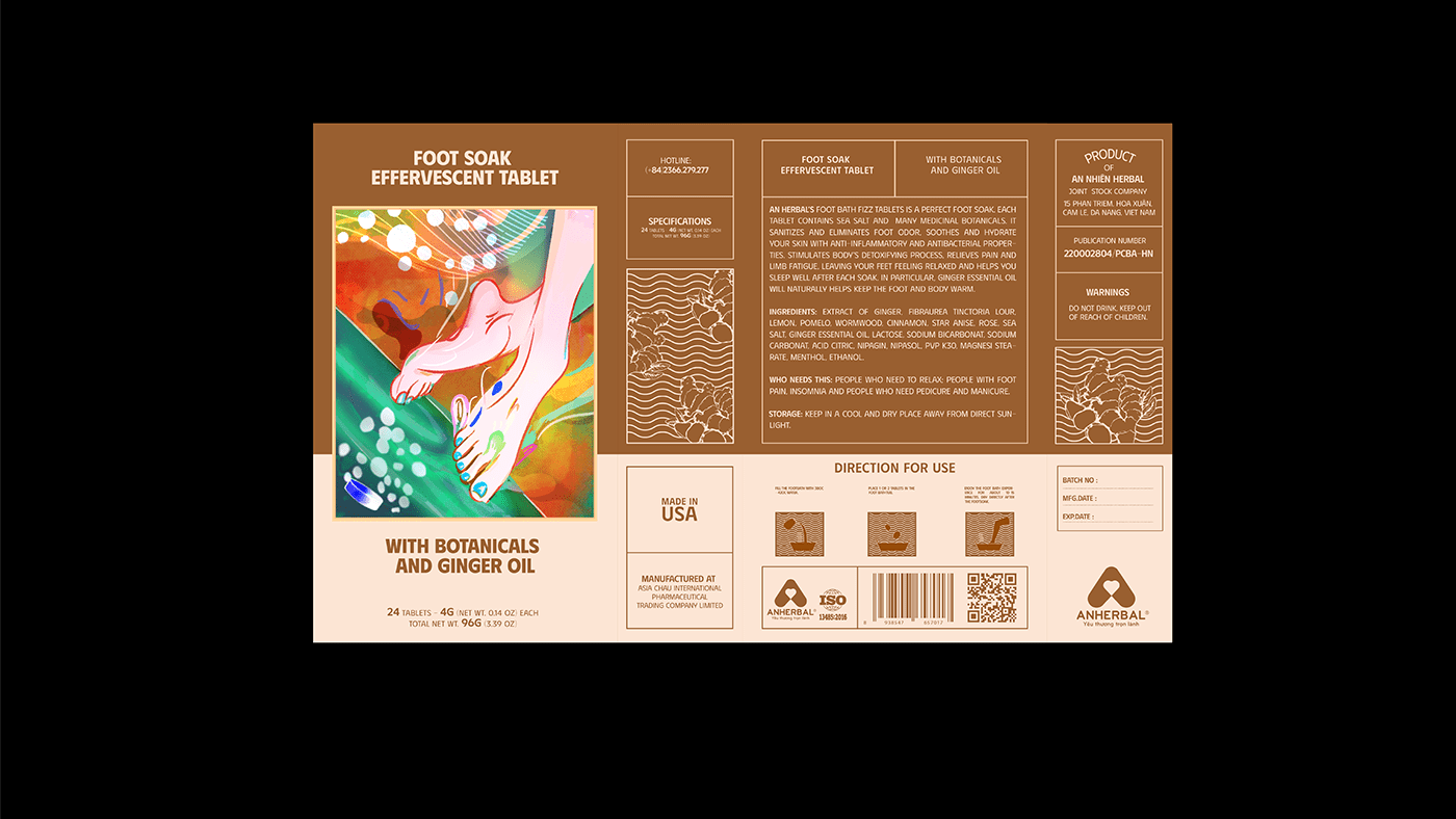 TABLETS 生姜精油泡騰片足浴包包裝設計，虛實結合的腳部與草本插畫