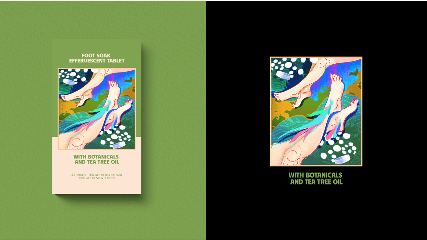 TABLETS 生姜精油泡騰片足浴包包裝設計，虛實結合的腳部與草本插畫
