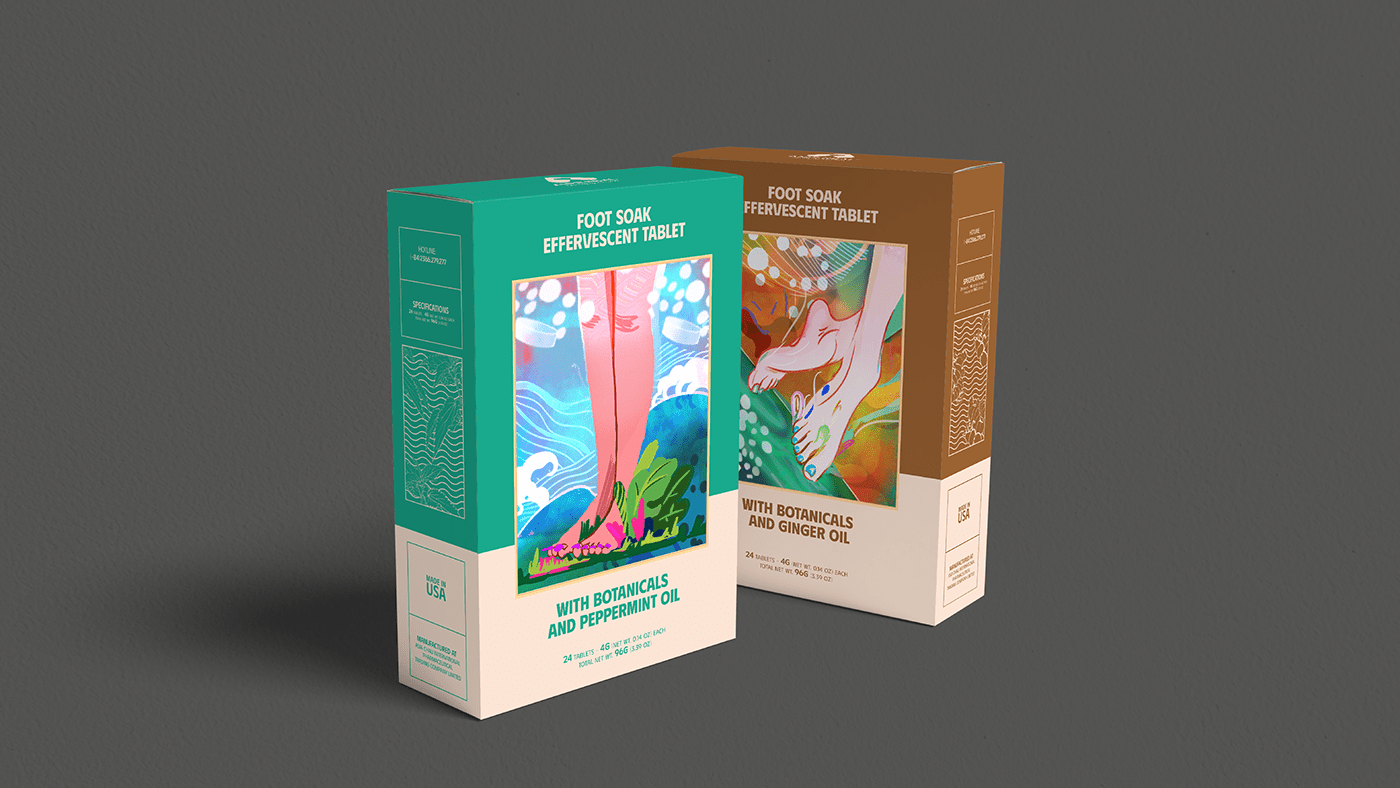 TABLETS 生姜精油泡騰片足浴包包裝設計，虛實結合的腳部與草本插畫