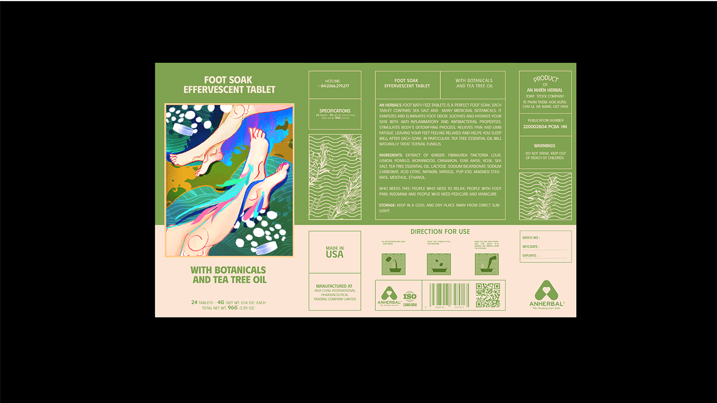 TABLETS 生姜精油泡騰片足浴包包裝設計，虛實結合的腳部與草本插畫