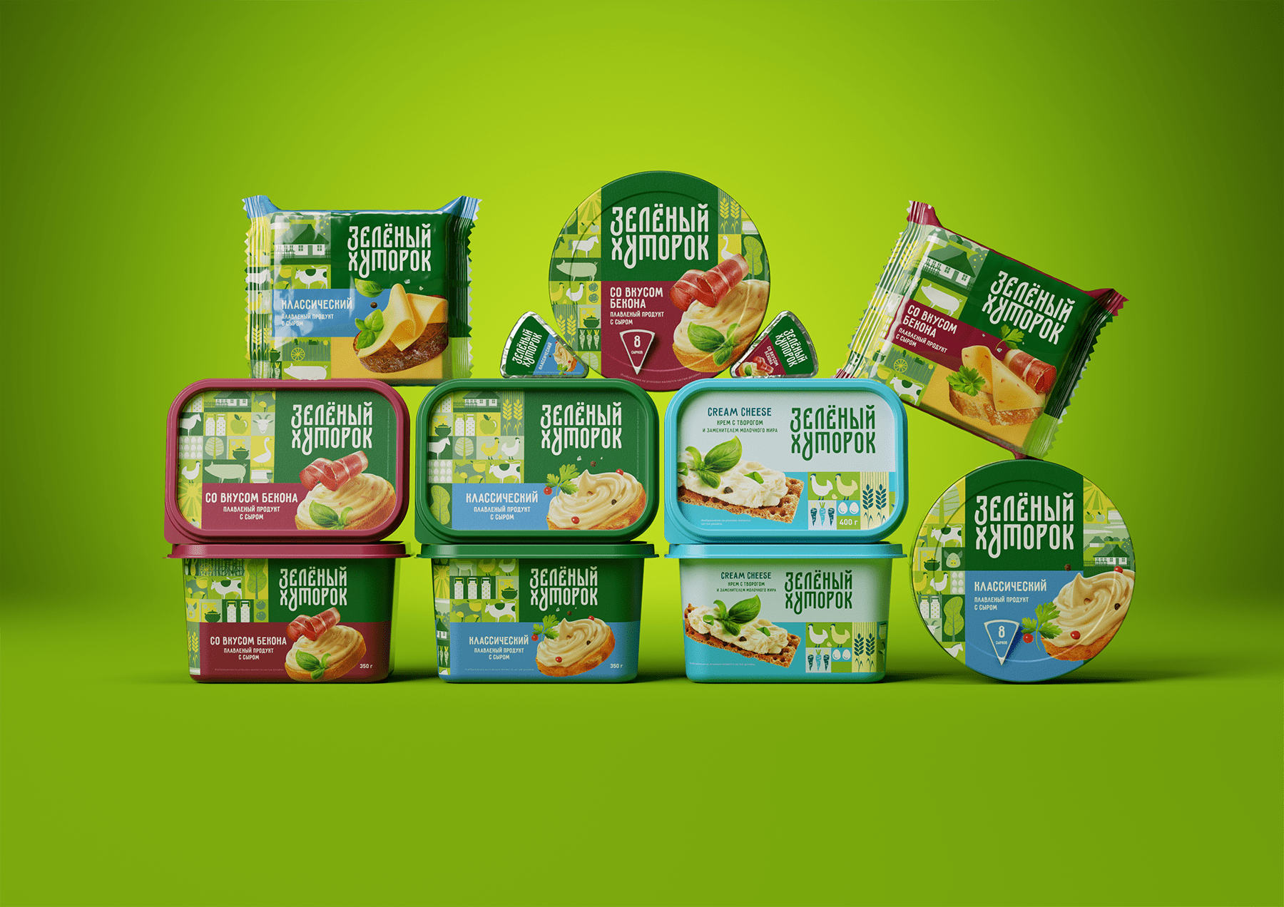 ZELENYJ KHUTOROK 奶酪三明治食品產品線包裝設計，虛實結合的自然清淡設計風格