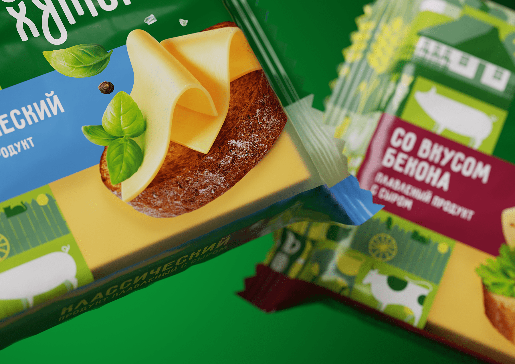ZELENYJ KHUTOROK 奶酪三明治食品產品線包裝設計，虛實結合的自然清淡設計風格