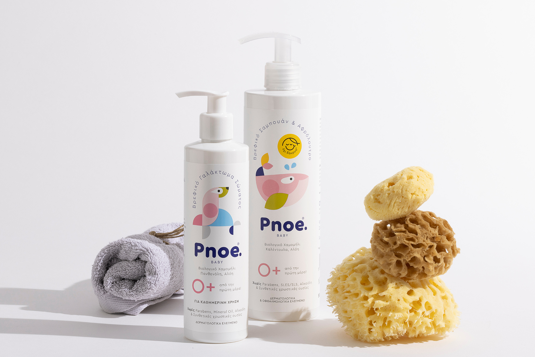 PNOE嬰兒洗護(hù)護(hù)理產(chǎn)品系列包裝設(shè)計(jì)，白色俏皮動(dòng)物插圖元素