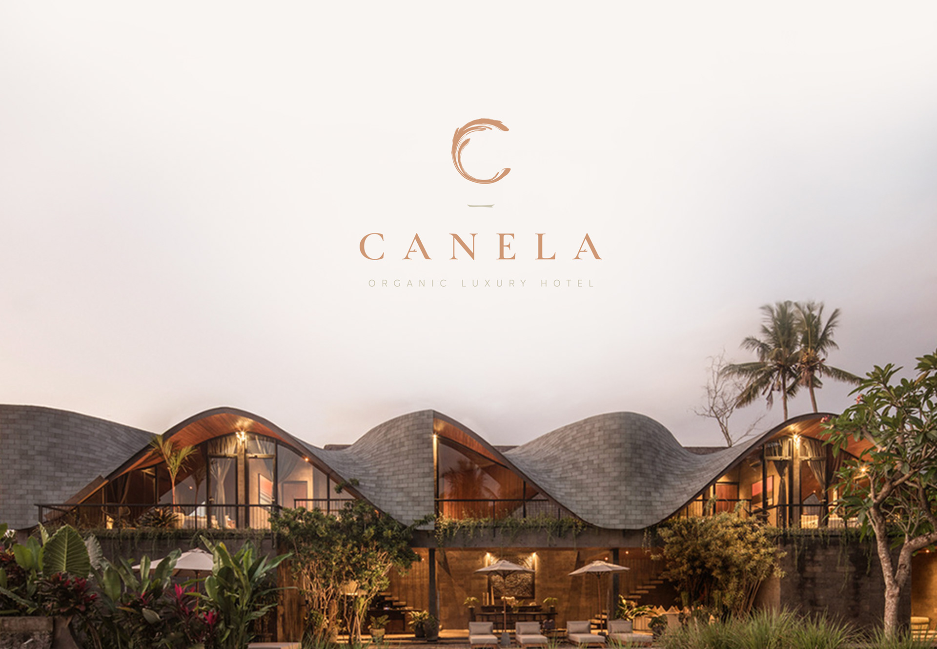 巴西有機豪華酒店藝術建筑項目 Canela 創建品牌logo設計和藝術指導，彎曲肉桂C字母元素