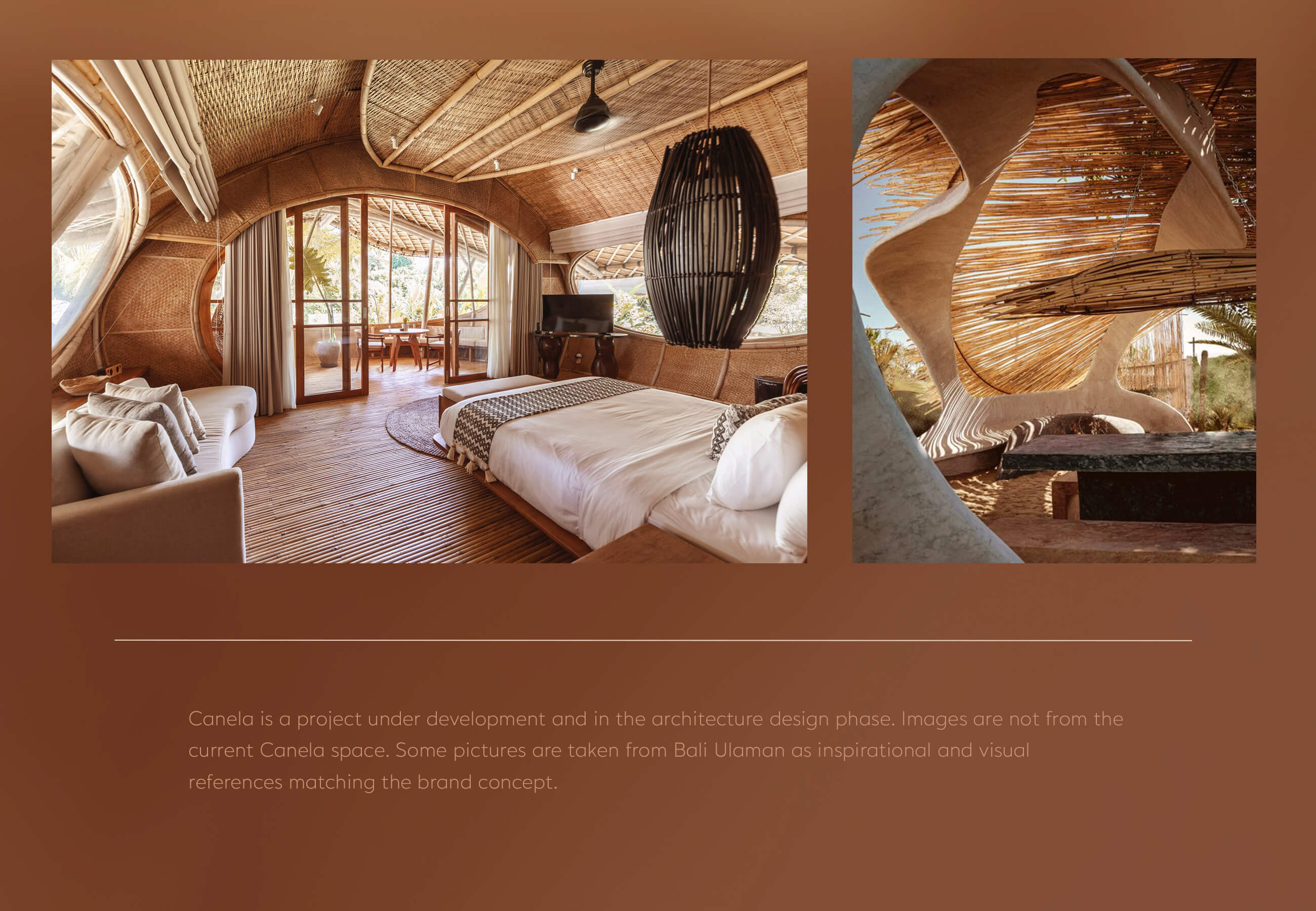 巴西有機豪華酒店藝術建筑項目 Canela 創建品牌logo設計和藝術指導，彎曲肉桂C字母元素