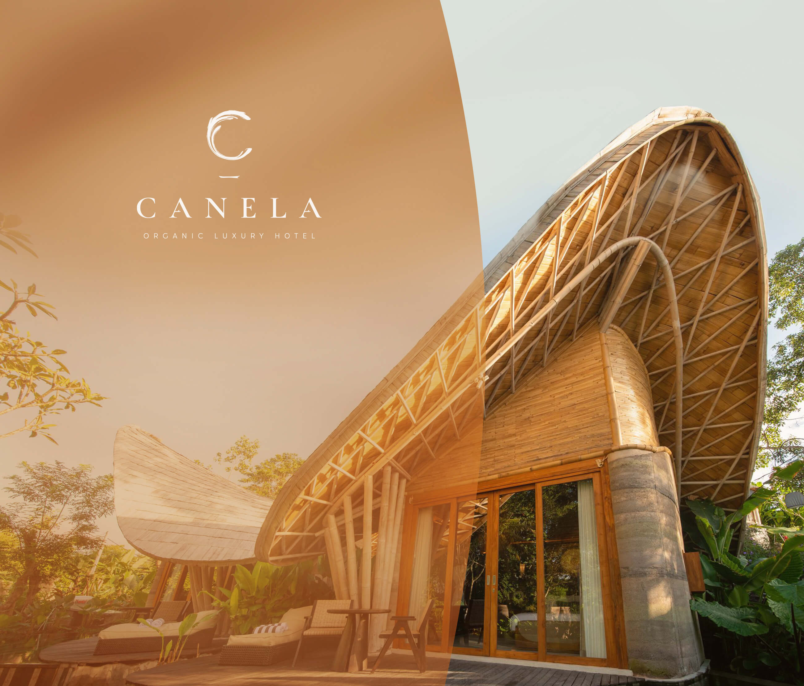 巴西有機豪華酒店藝術建筑項目 Canela 創建品牌logo設計和藝術指導，彎曲肉桂C字母元素