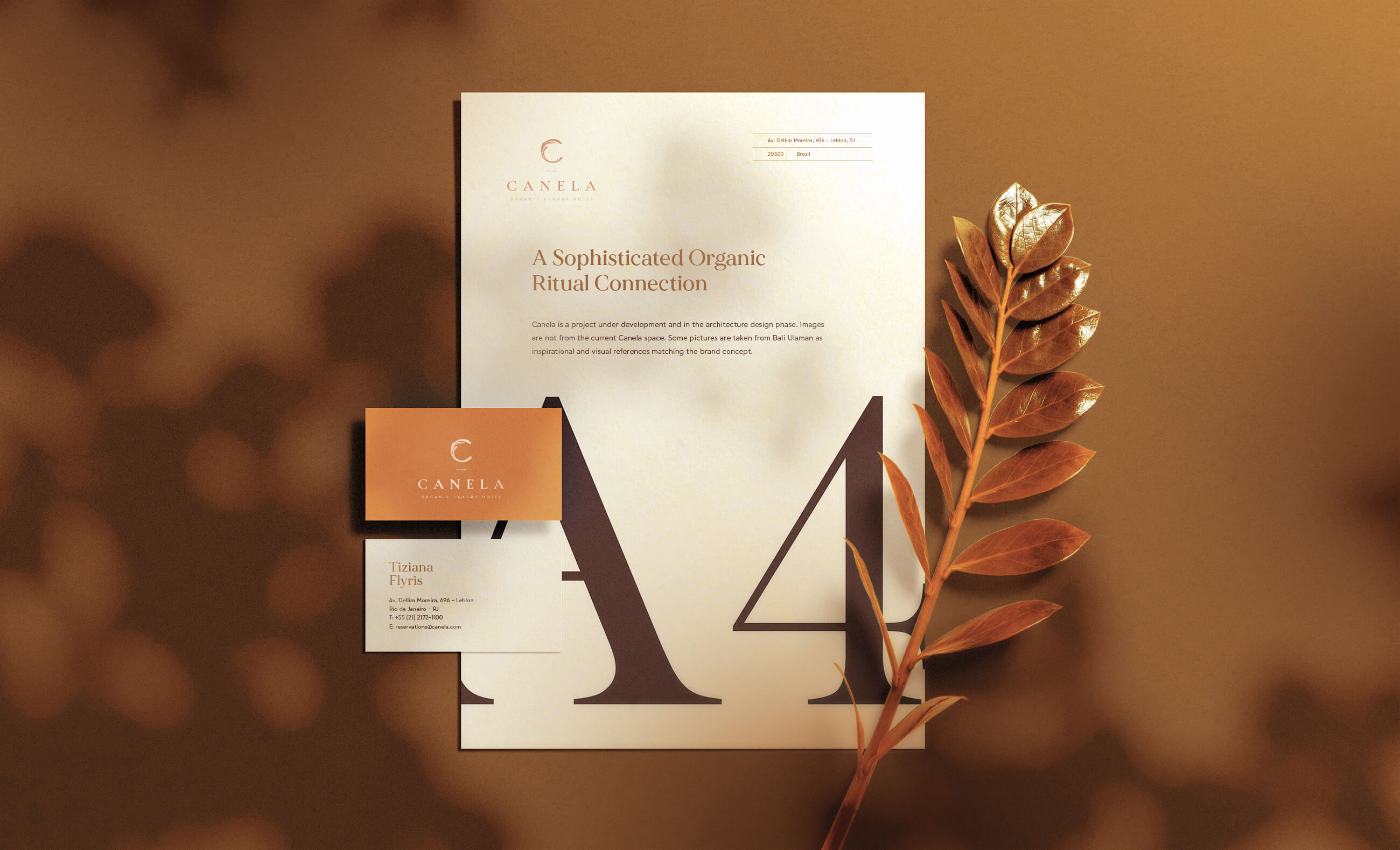 巴西有機豪華酒店藝術建筑項目 Canela 創建品牌logo設計和藝術指導，彎曲肉桂C字母元素