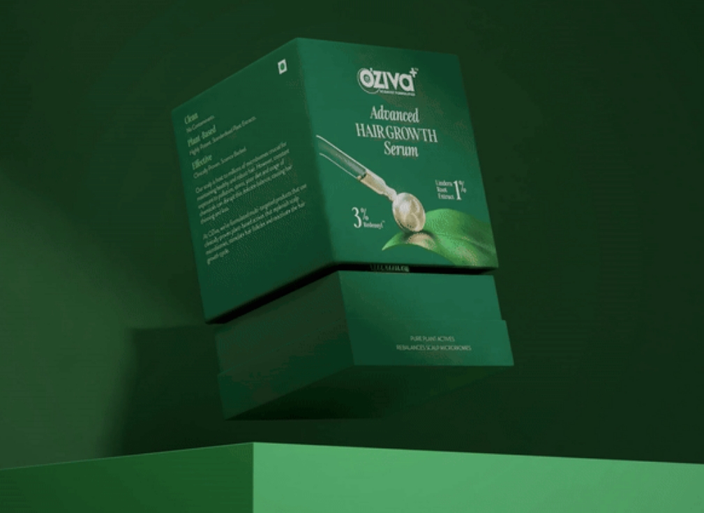 OZiva印度草本保健品生發精華液品牌包裝設計，高端有機健康綠色風