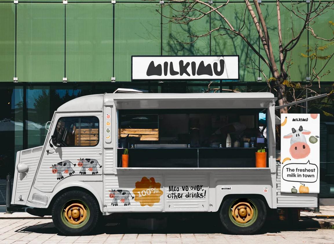 Milkimu牛奶乳制品品牌包裝設(shè)計和營銷圖形，可愛手繪卡通牛牛元素-品牌車涂裝設(shè)計