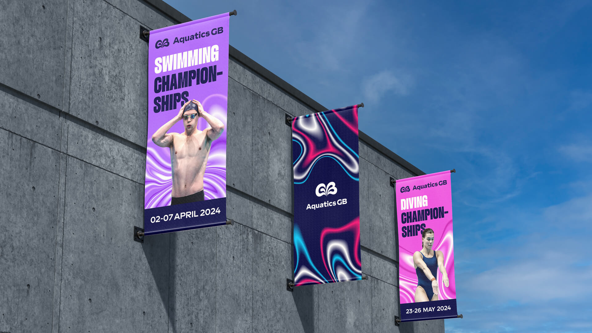 Aquatics GB英國水上運動協會品牌起名與品牌形象vi設計，水花GB字母logo設計