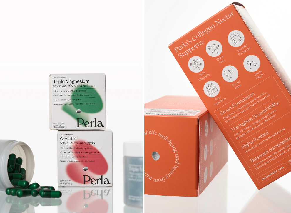 Perla美容保健品營養補充劑包裝設計，貝殼珍珠模糊下效果