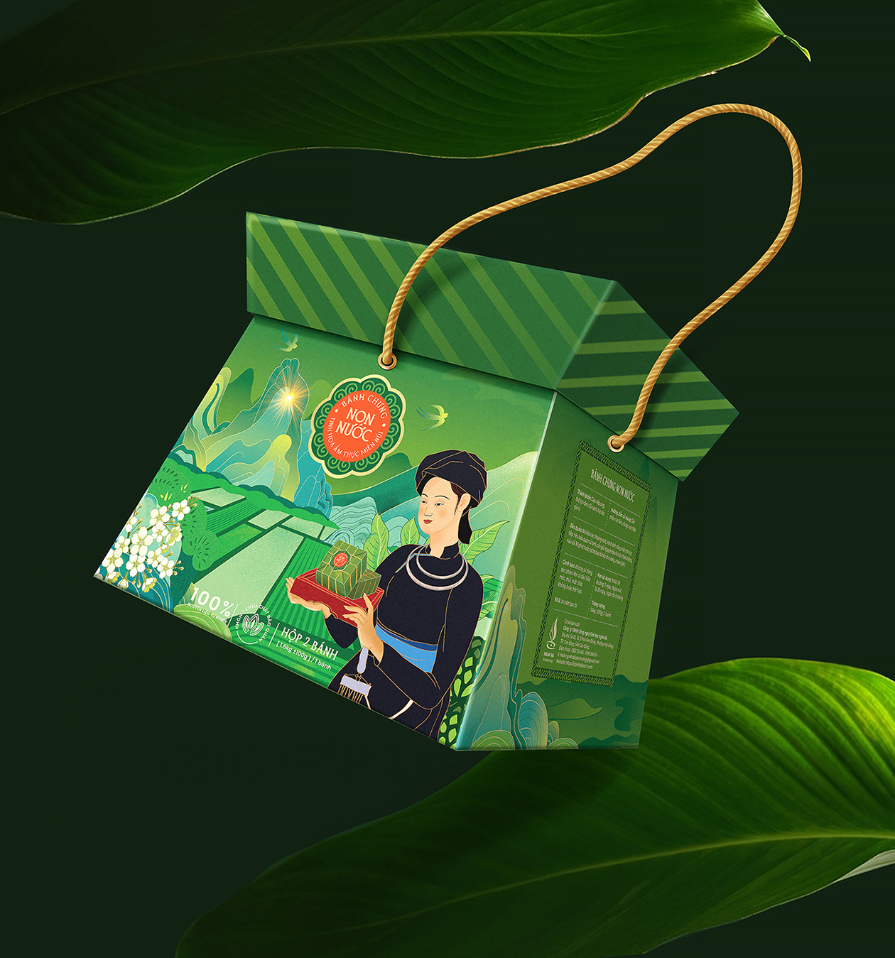 Non Nuoc高平板栗野豬肉粽子禮盒包裝設計，傳統岱族服飾少女+自然田園風景插畫