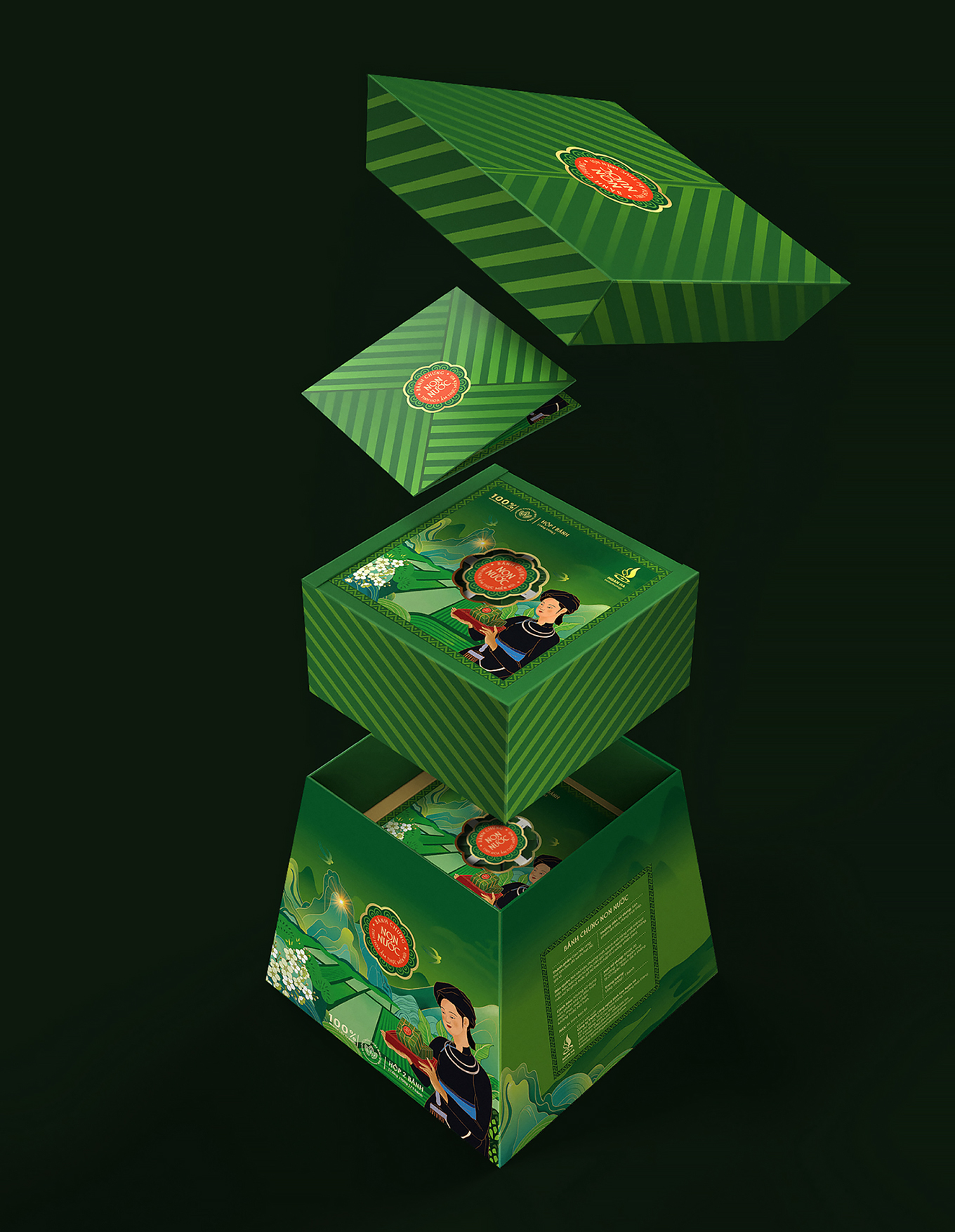 Non Nuoc高平板栗野豬肉粽子禮盒包裝設計，傳統岱族服飾少女+自然田園風景插畫