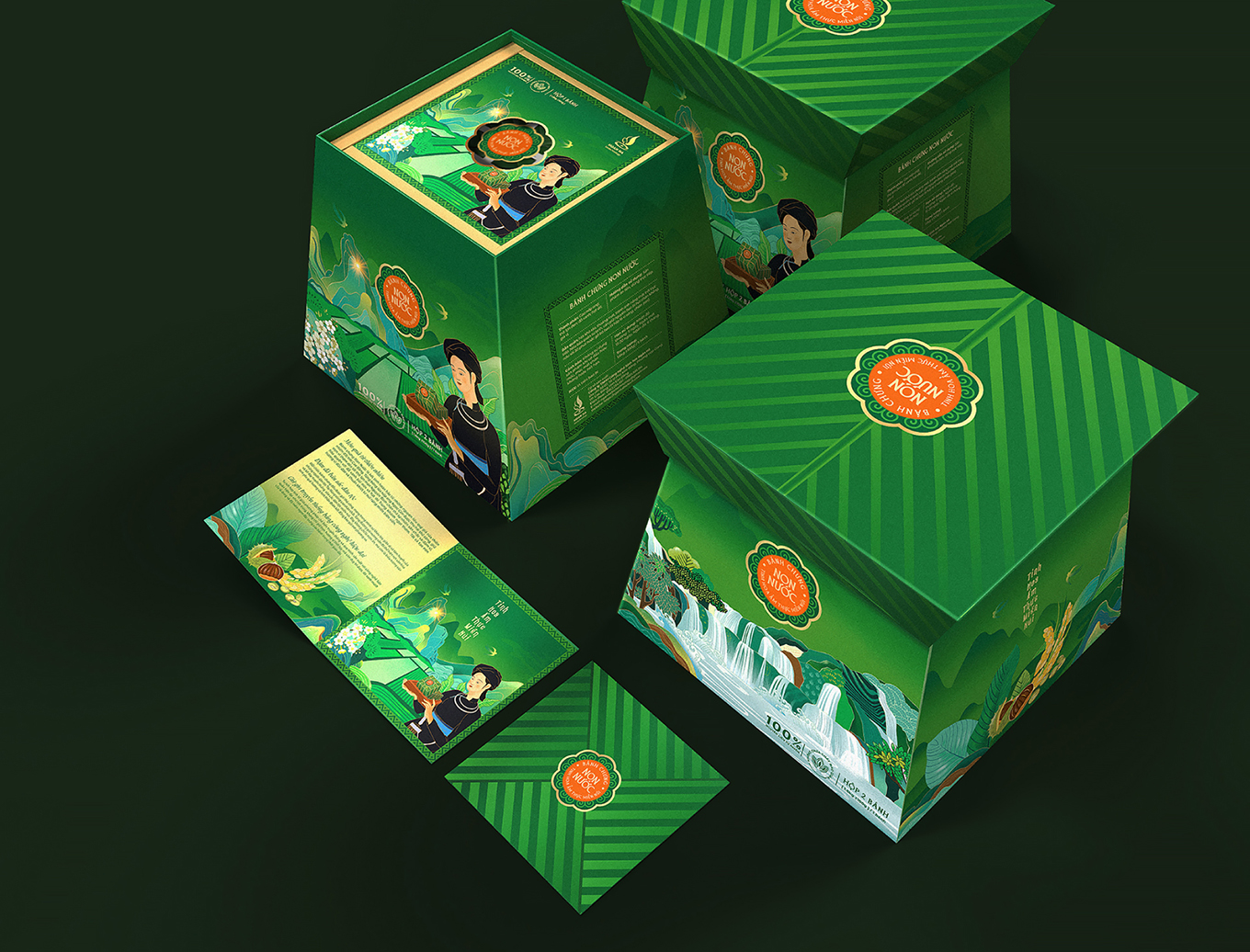 Non Nuoc高平板栗野豬肉粽子禮盒包裝設計，傳統岱族服飾少女+自然田園風景插畫