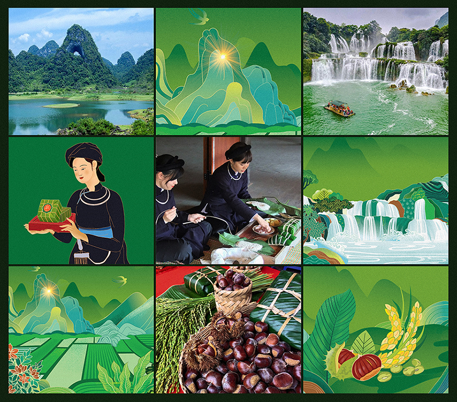 Non Nuoc高平板栗野豬肉粽子禮盒包裝設計，傳統岱族服飾少女+自然田園風景插畫