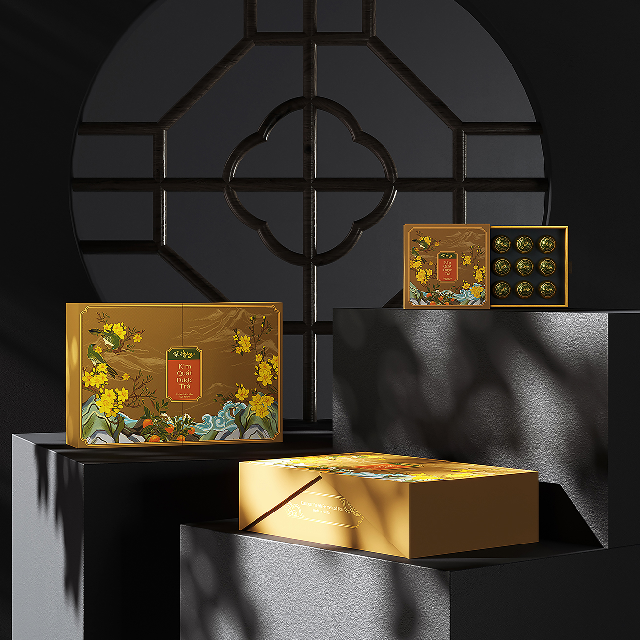 Mi Hyang“美香”小青柑金橘藥茶禮盒包裝設計。中式風格花鳥插畫