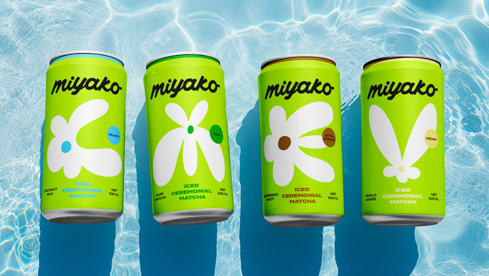 MIYAKO 創新日式抹茶飲料包裝設計與品牌塑造，嫩綠色+自由活力的白色花朵