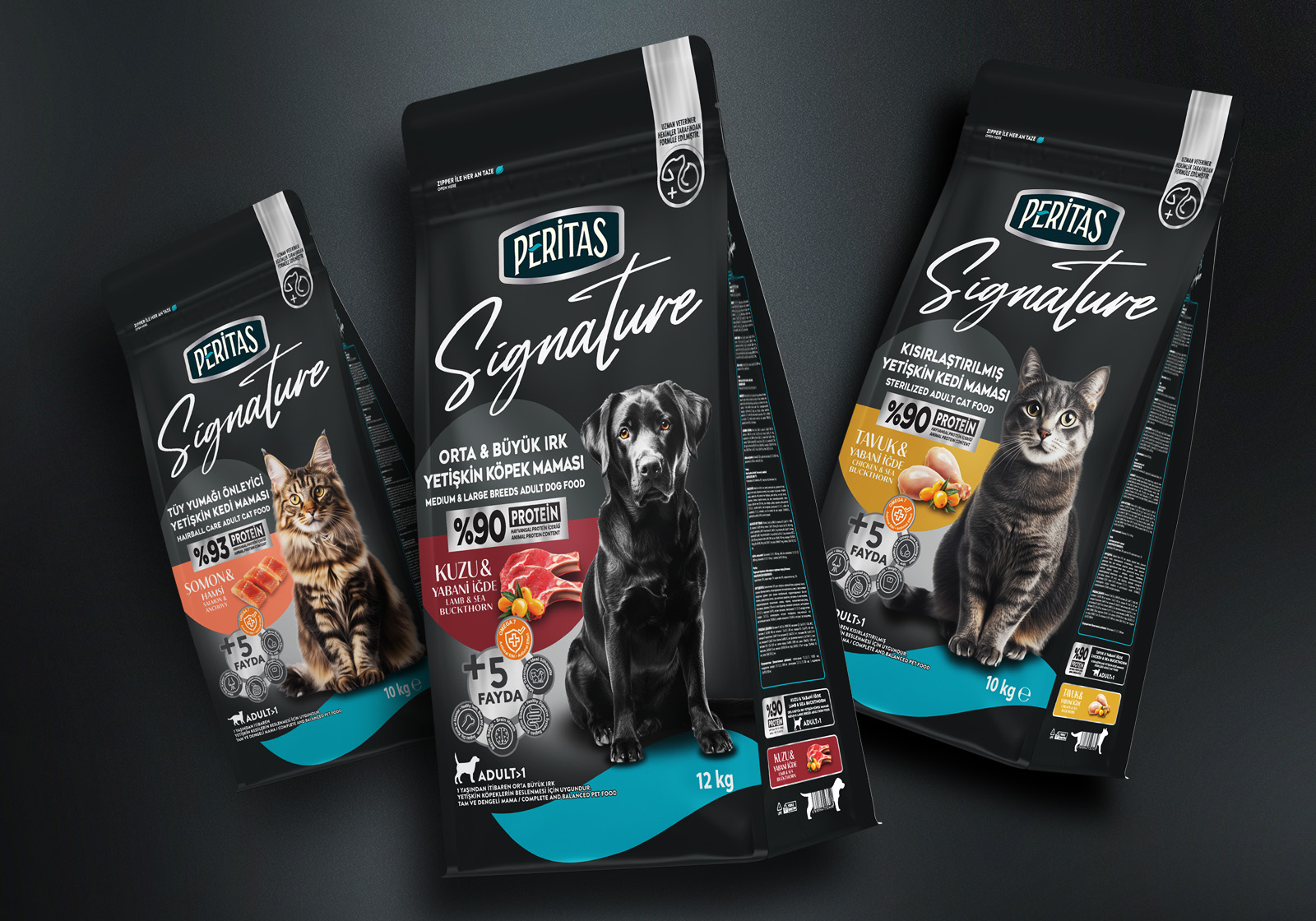 Peritas 寵物食品包裝設計，黑色奢華風格
