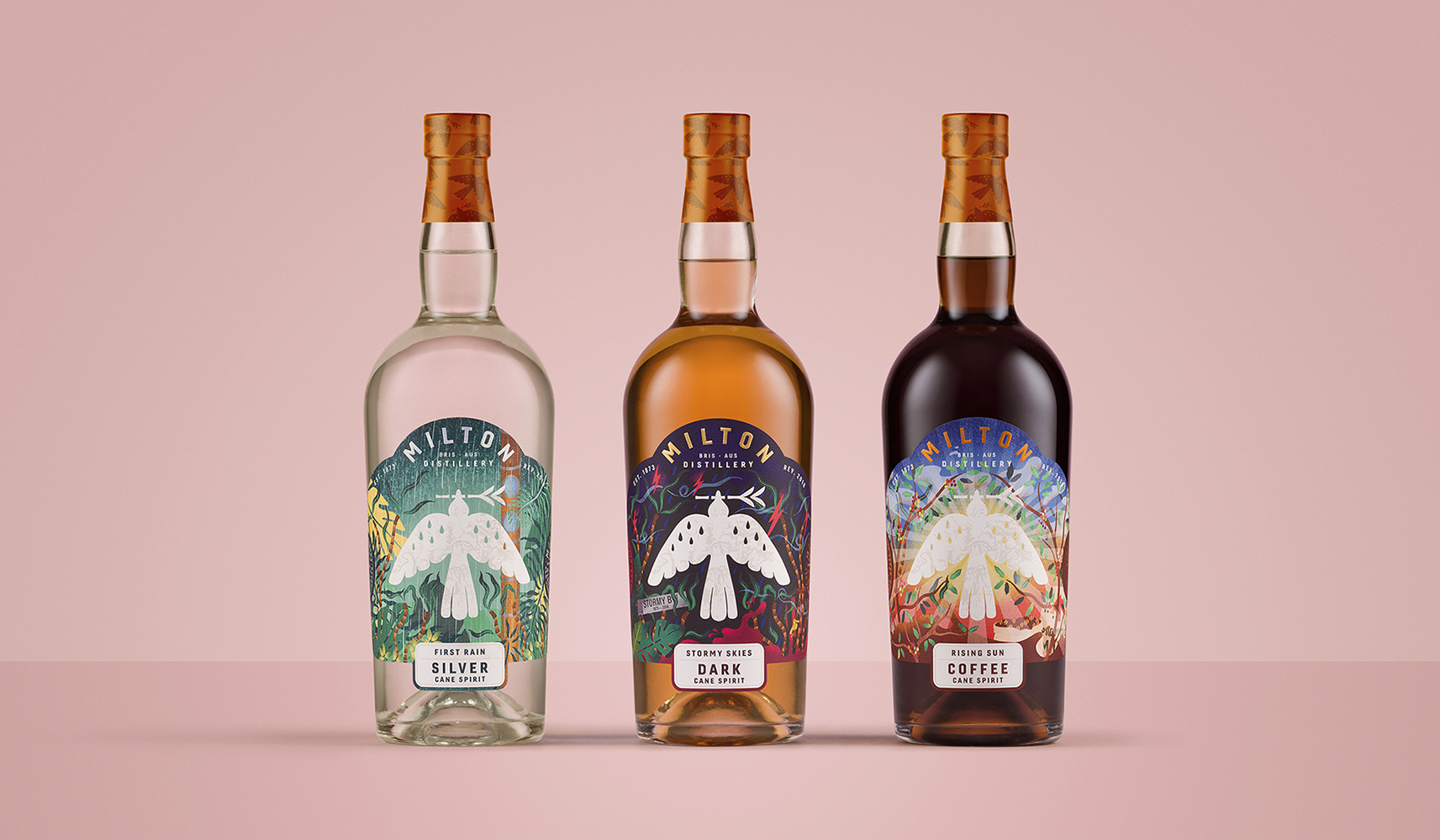 米爾頓酒廠朗姆酒標簽包裝設計，噪鵑鳥核心識別元素統領所有包裝架構