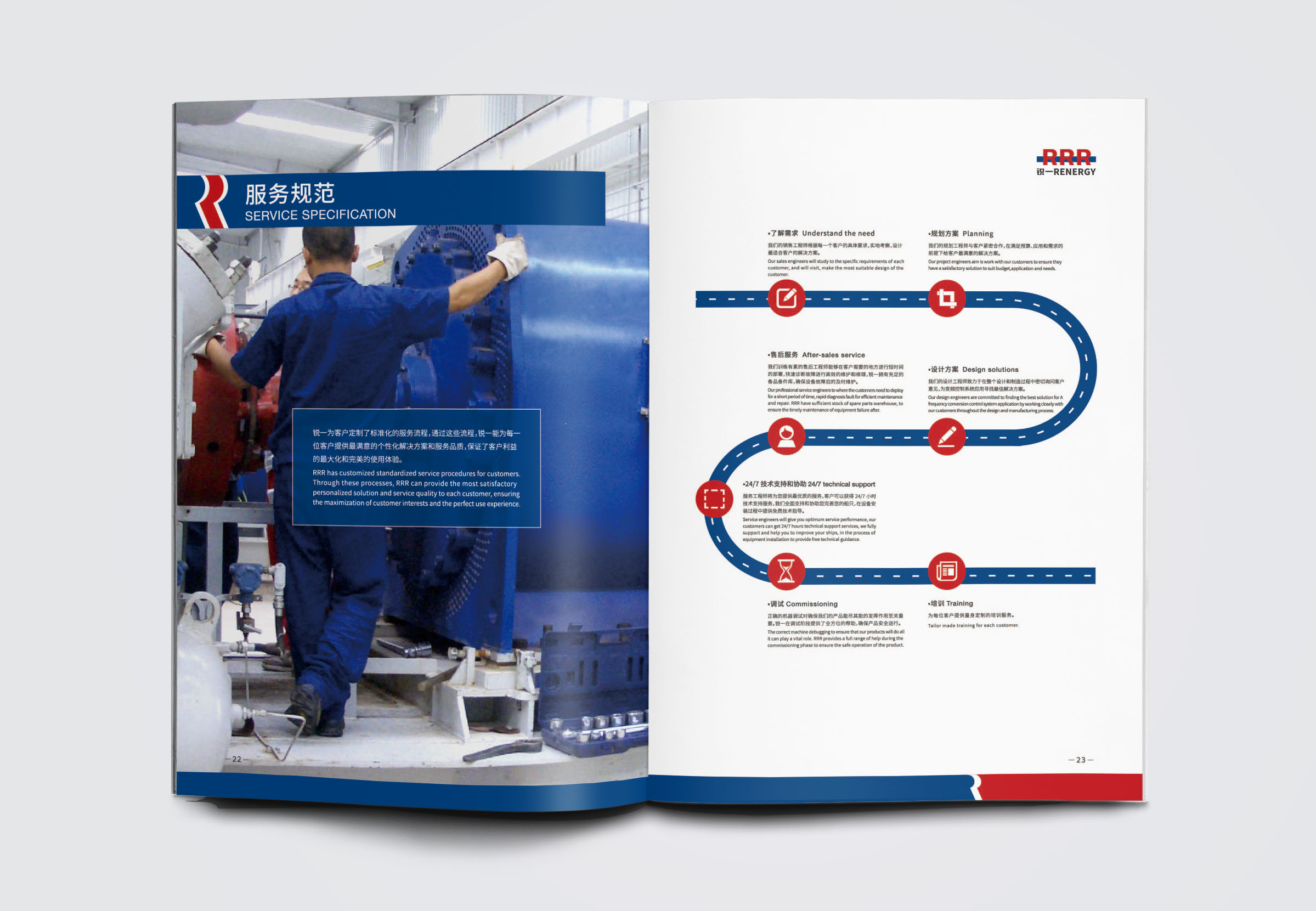 銳一機電公司宣傳畫冊設計，對比色與R識別風公司畫冊設計